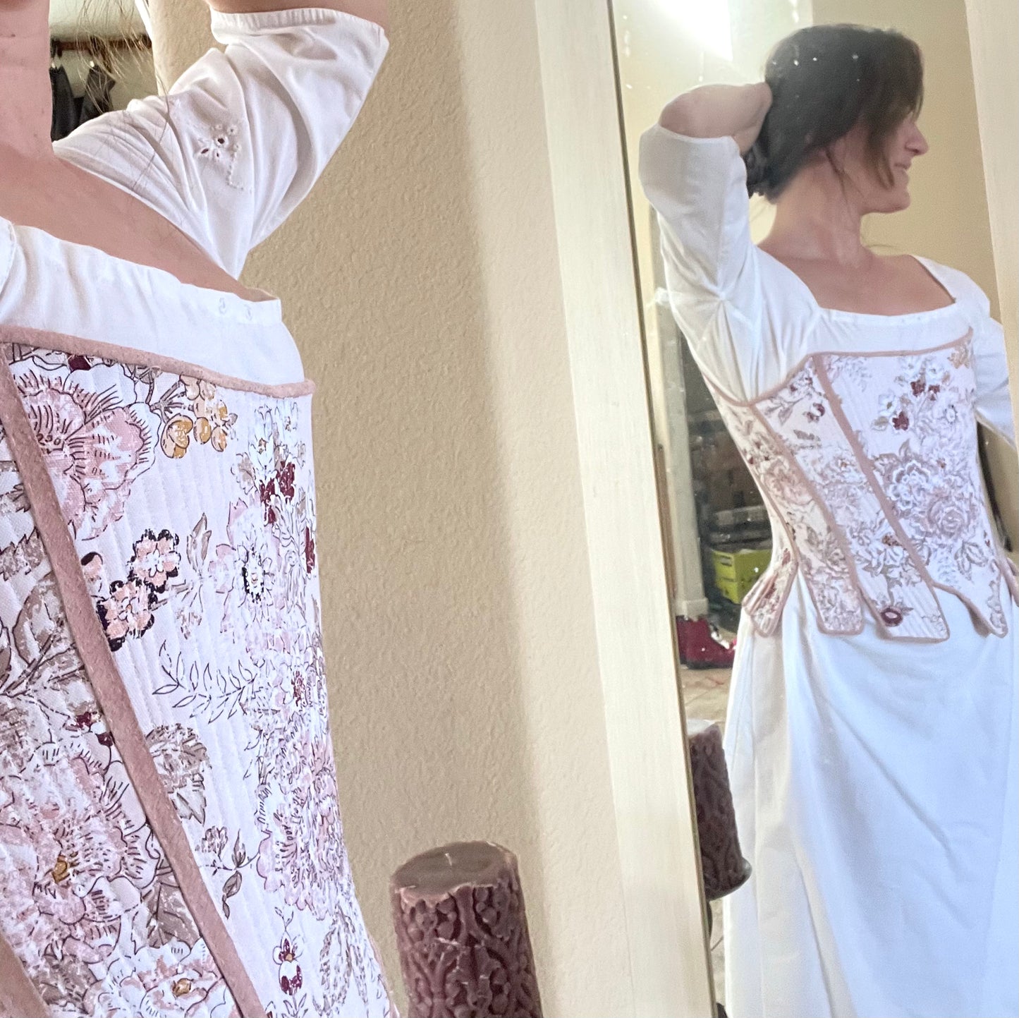 Custom 18th Century Stays Corset, Custom Size Measurements in Romantic Pink Floral Cotton Fabric, Strapless Fully Boned and Leather Edged