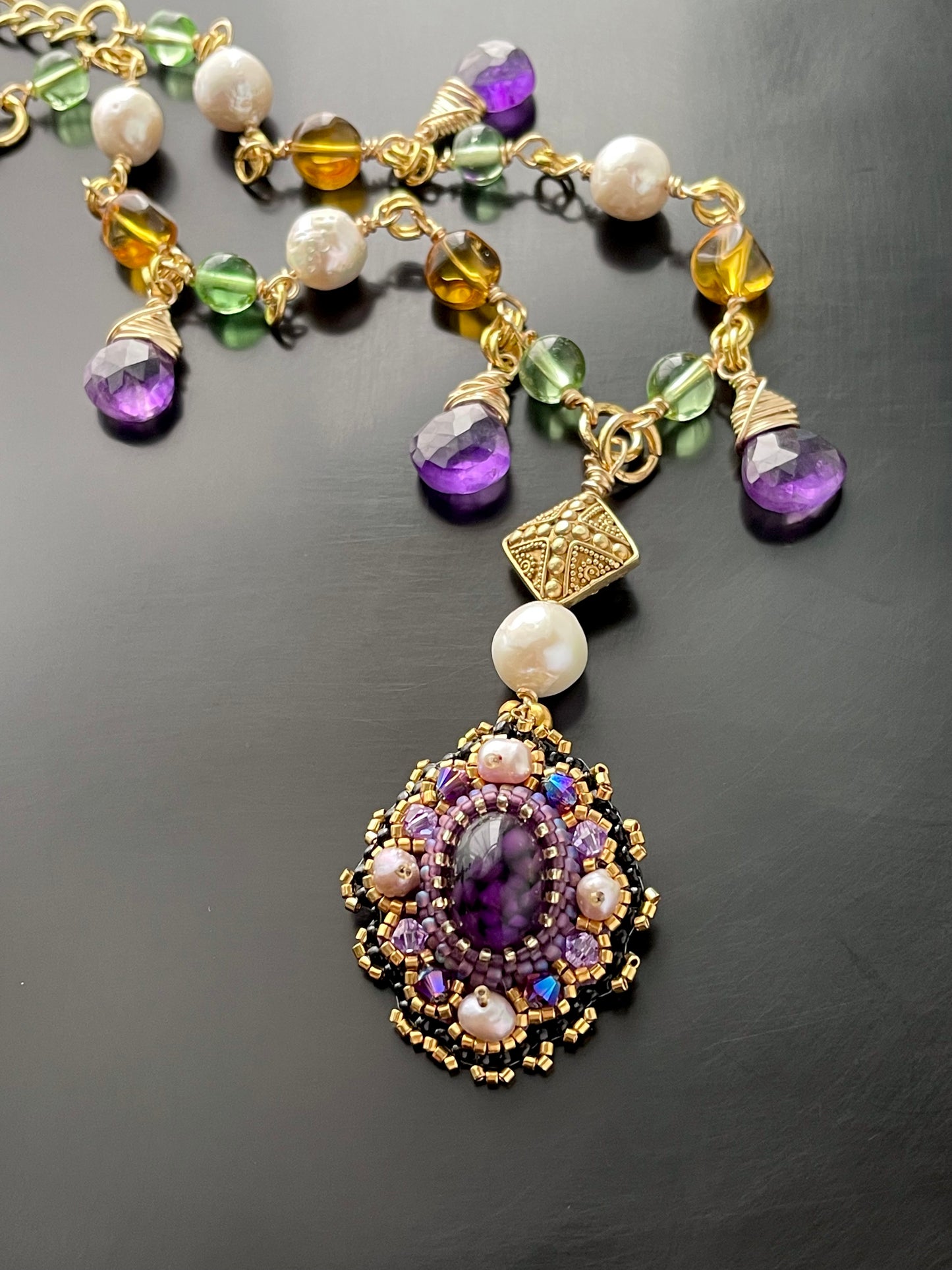 Byzantine Amethyst and Baroque Pearl Chain Necklace