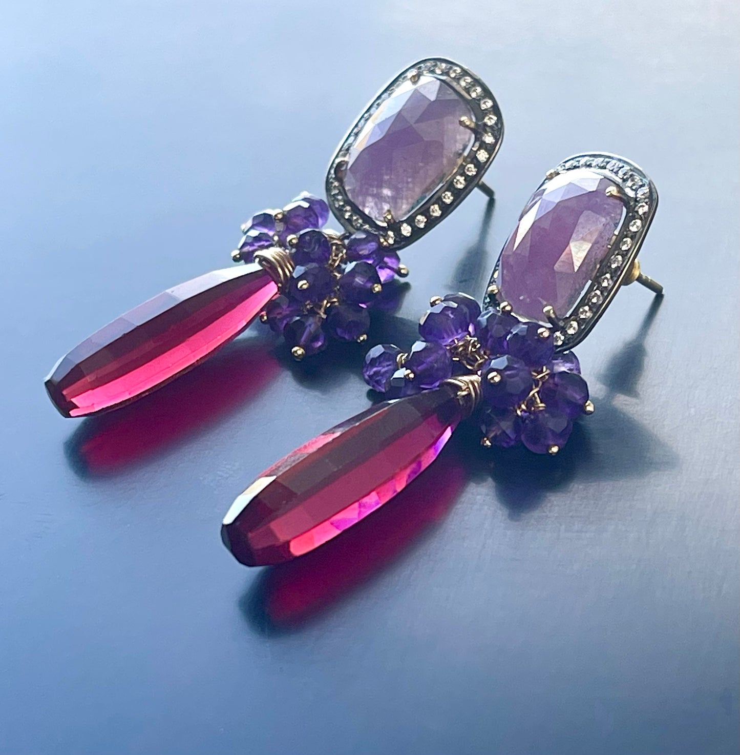 Amethyst Gemstone Grape Cluster Earrings with Raspberry Red Quartz Briolettes and Pink Sapphire Ear Posts, Gold Filled and Gold Plated