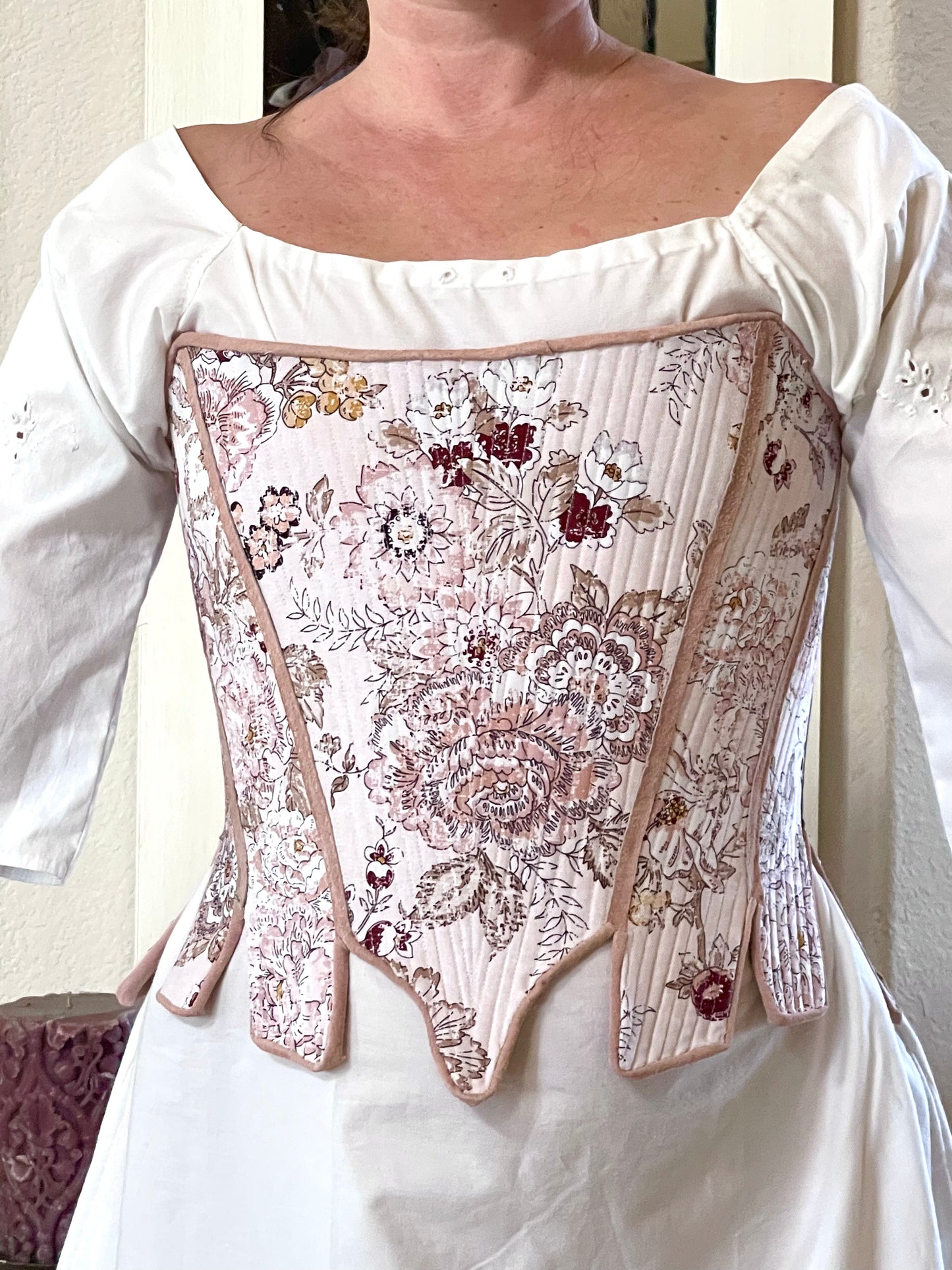 Custom 18th Century Stays Corset, Custom Size Measurements in Romantic Pink Floral Cotton Fabric, Strapless Fully Boned and Leather Edged
