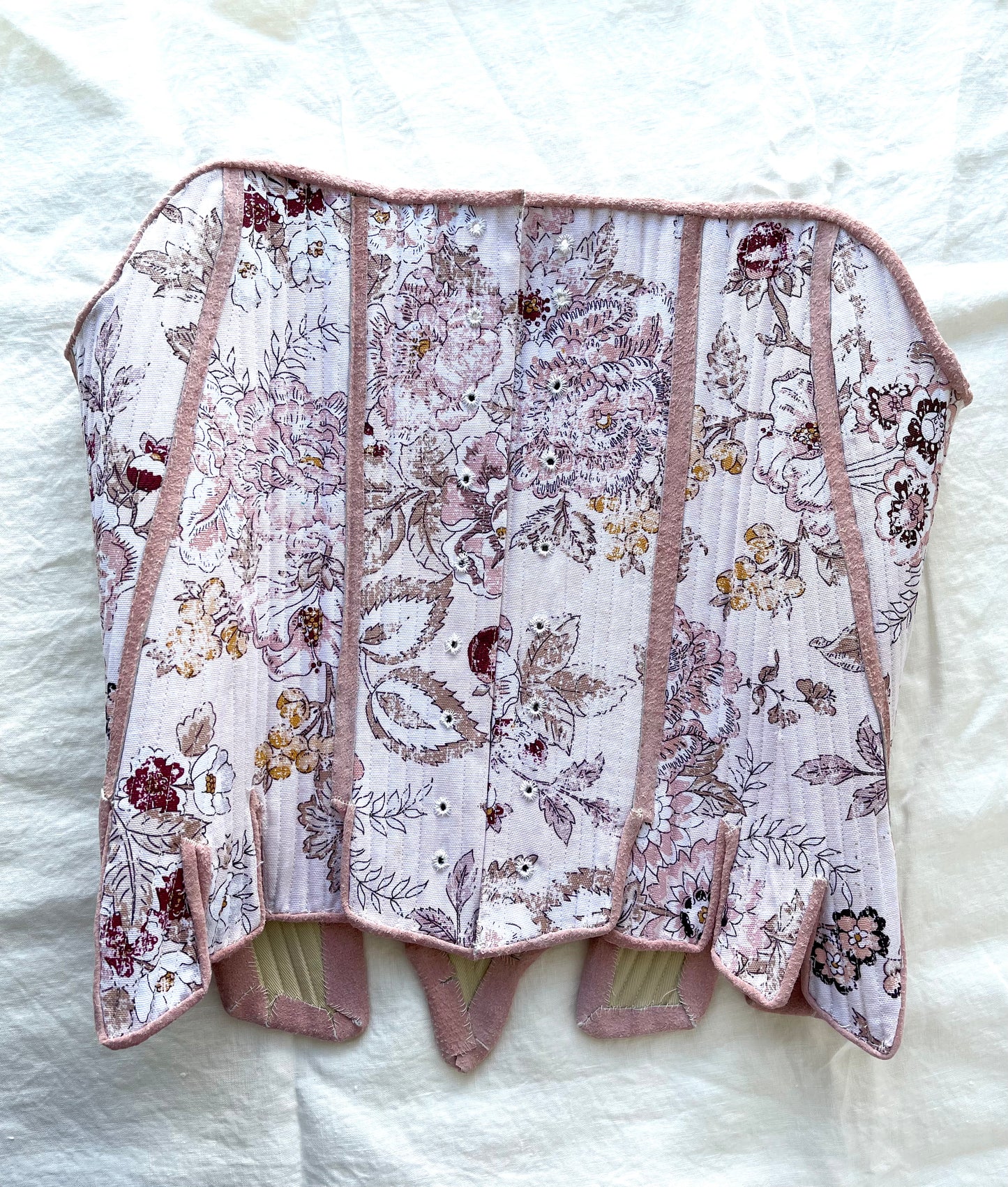 Custom 18th Century Stays Corset, Custom Size Measurements in Romantic Pink Floral Cotton Fabric, Strapless Fully Boned and Leather Edged