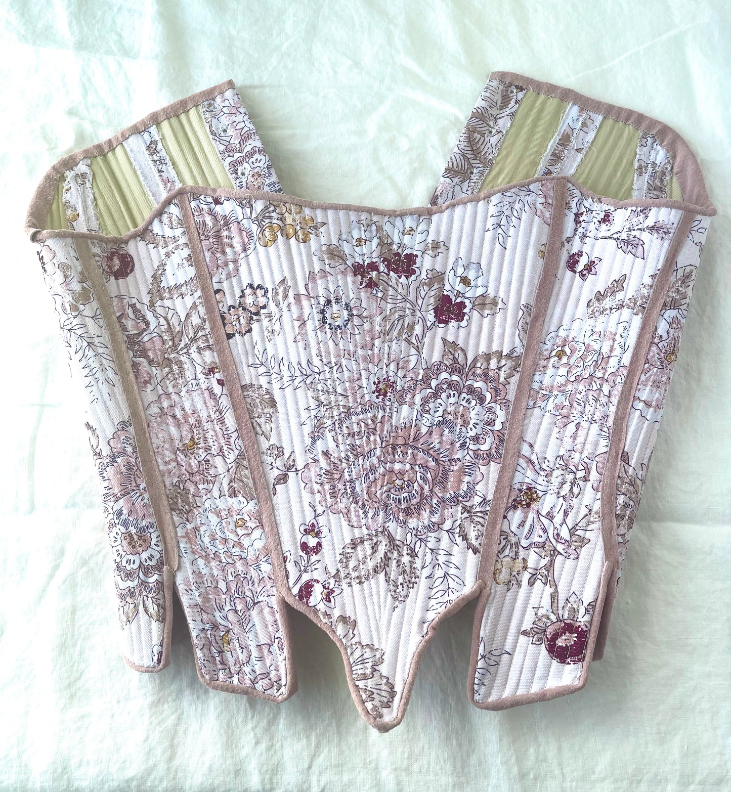 Custom 18th Century Stays Corset, Custom Size Measurements in Romantic Pink Floral Cotton Fabric, Strapless Fully Boned and Leather Edged