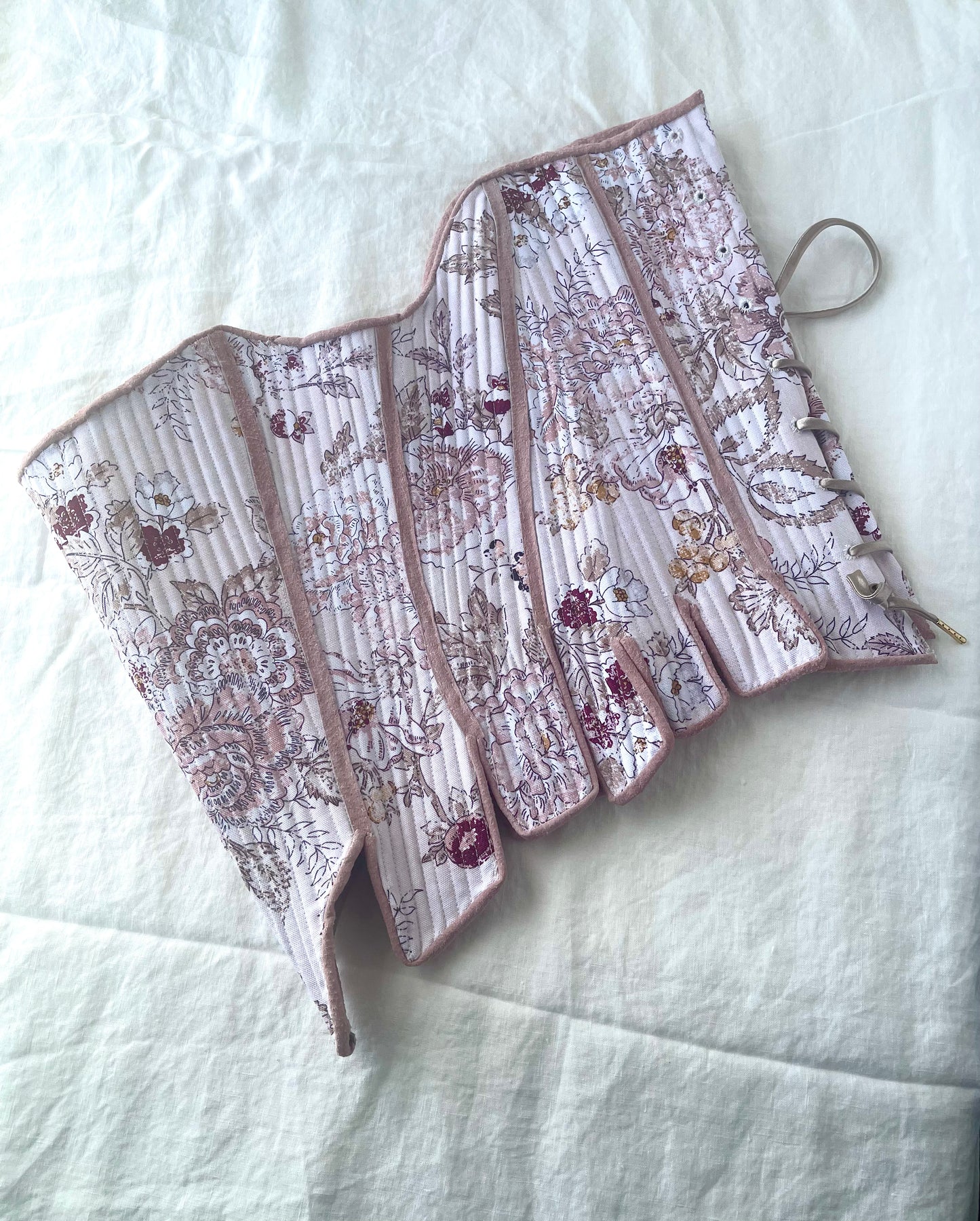 Custom 18th Century Stays Corset, Custom Size Measurements in Romantic Pink Floral Cotton Fabric, Strapless Fully Boned and Leather Edged