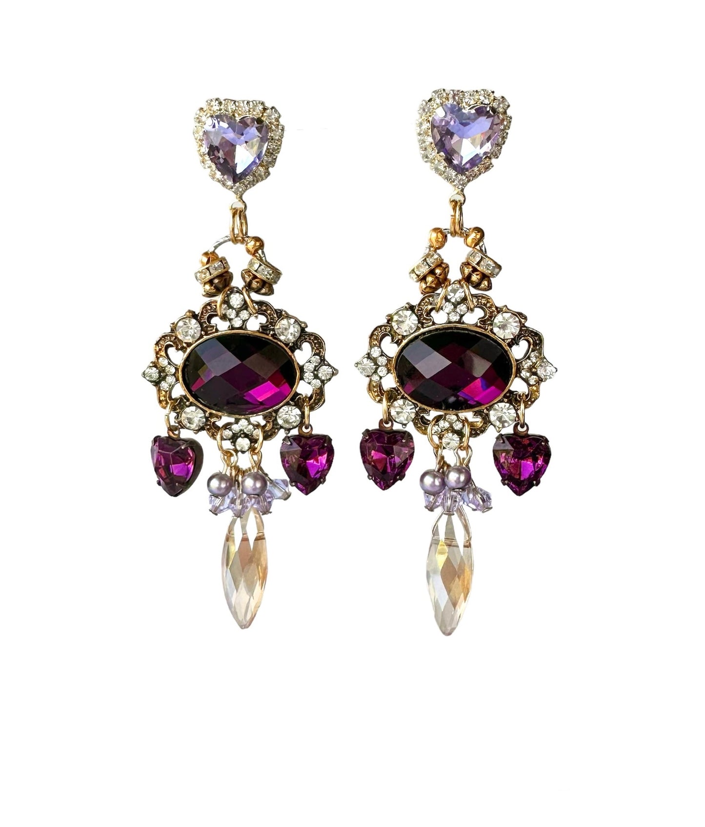 Victoria Earrings - Romantic Victorian Style Dangle Earrings Featuring Luxurious Purple and Lavender Rhinestones with Gold Accents