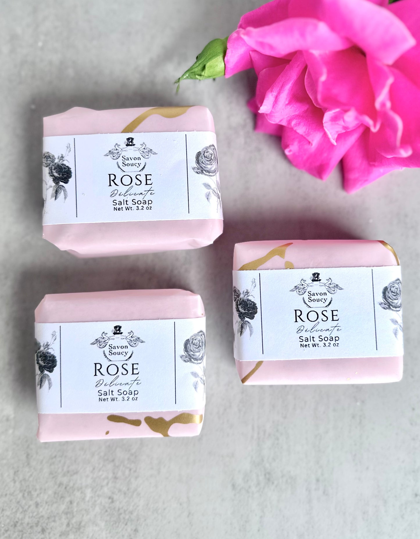 Rose Delicate Scented Sea Salt Shower Bar with Coconut Oil and Shea Butter 3.2 OZ; Powdery Soft Floral Fragrant Soap for Women Elegant Clean