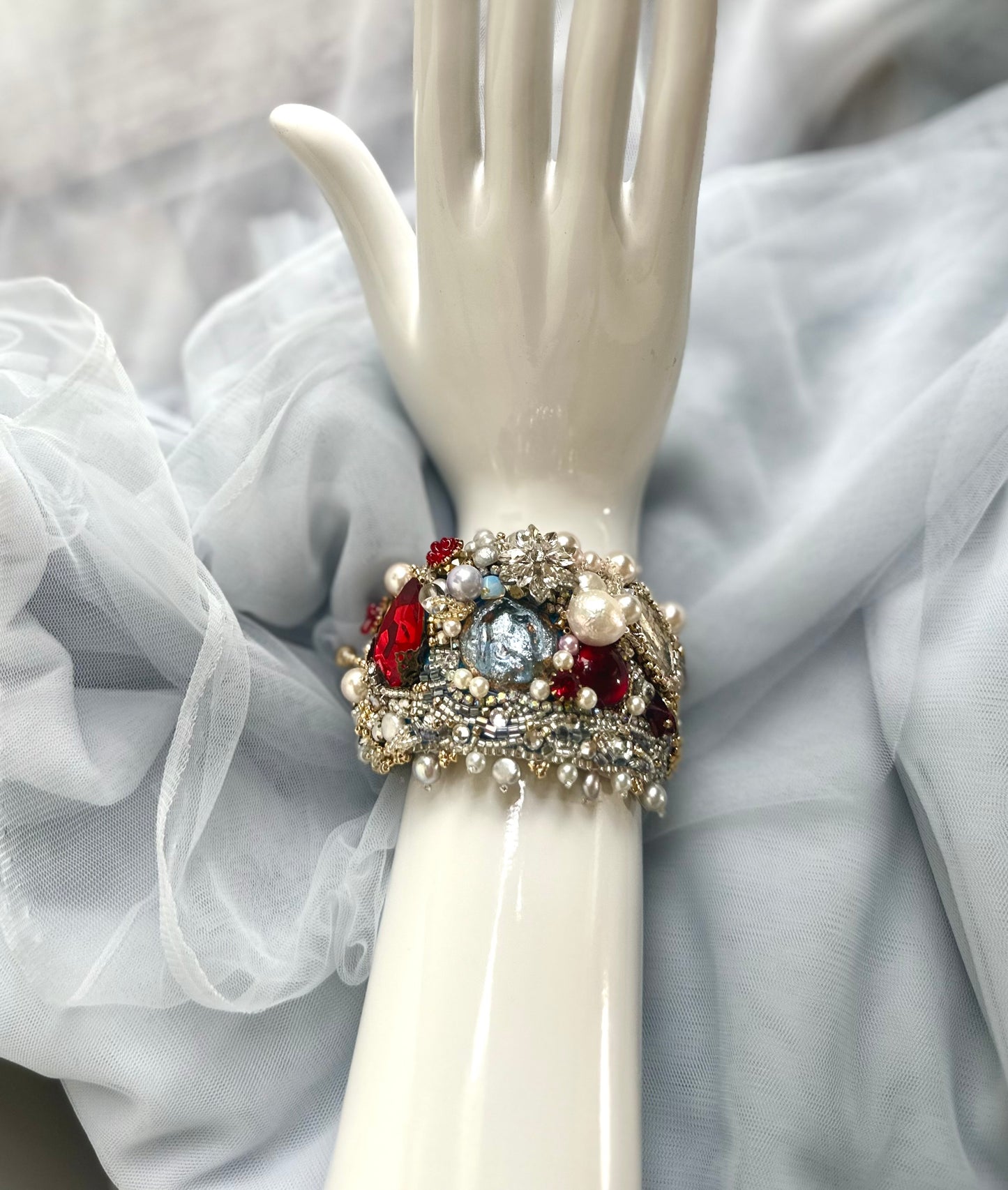 Baroque Chic Pearl & Red Rhinestone Embroidered Adjustable Bangle; Bohemian Vamp Opulent Beaded Bracelet in Gold, Silver and Ruby Colors