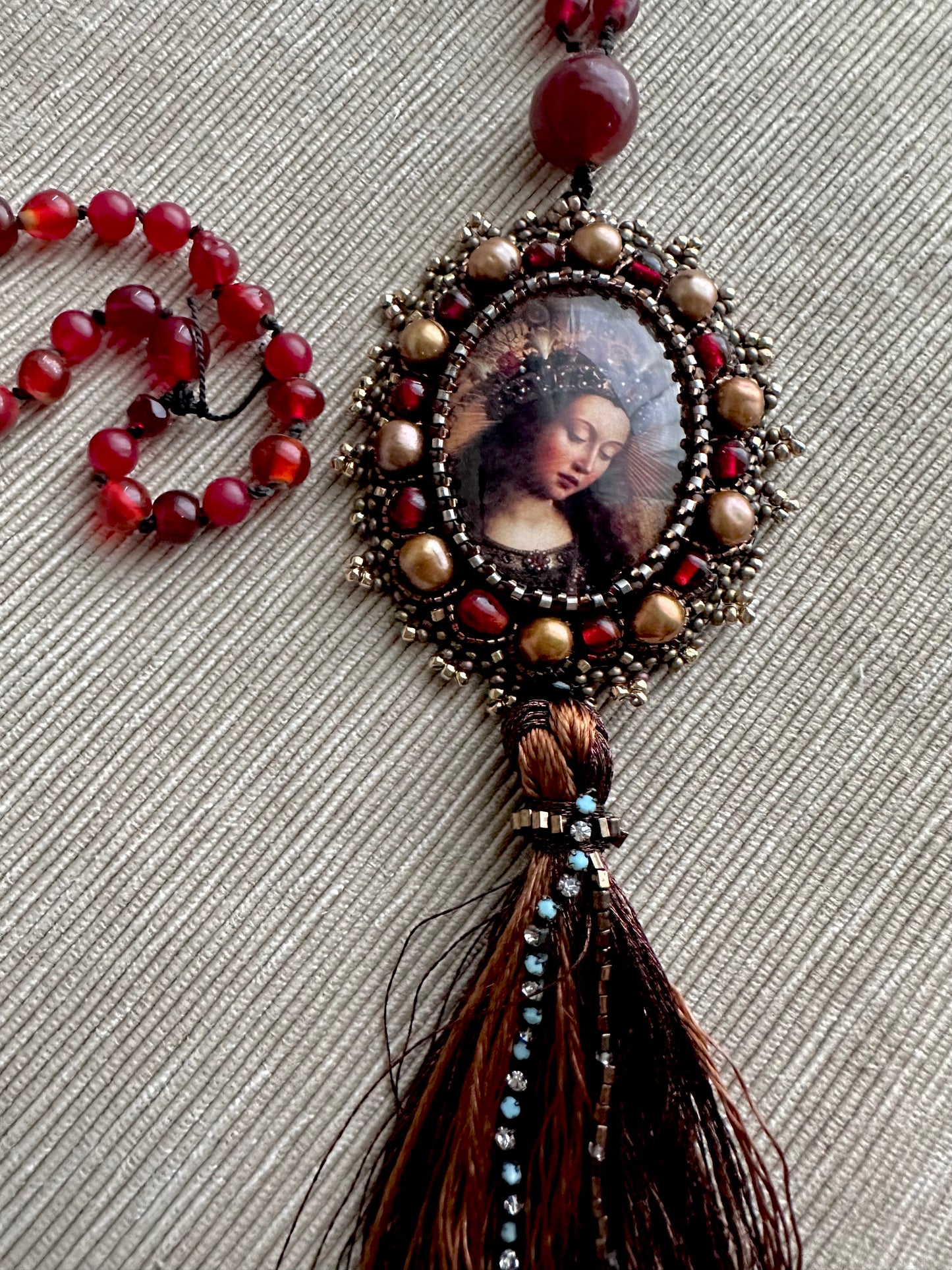 Virgin Mary Catholic Sacred Jewelry; Extra Long Silk Knotted Necklace with Pomegranate Red Glass Beads and Embroidered Medallion