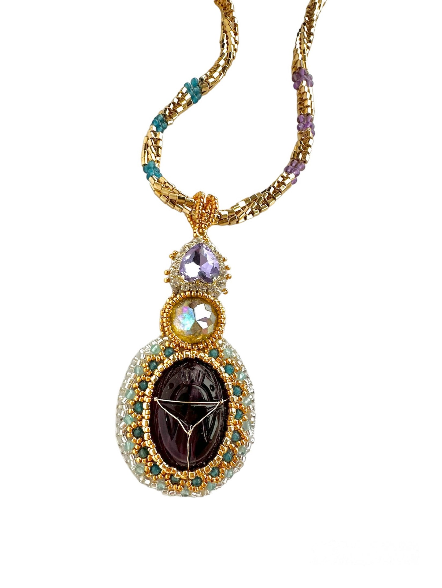 Purple Scarab Medallion 24k Gold Plated Seed Bead Chain Necklace for Women, Ancient Egypt Style with Apatite, Amethyst & Glass, Magnetic Clasp