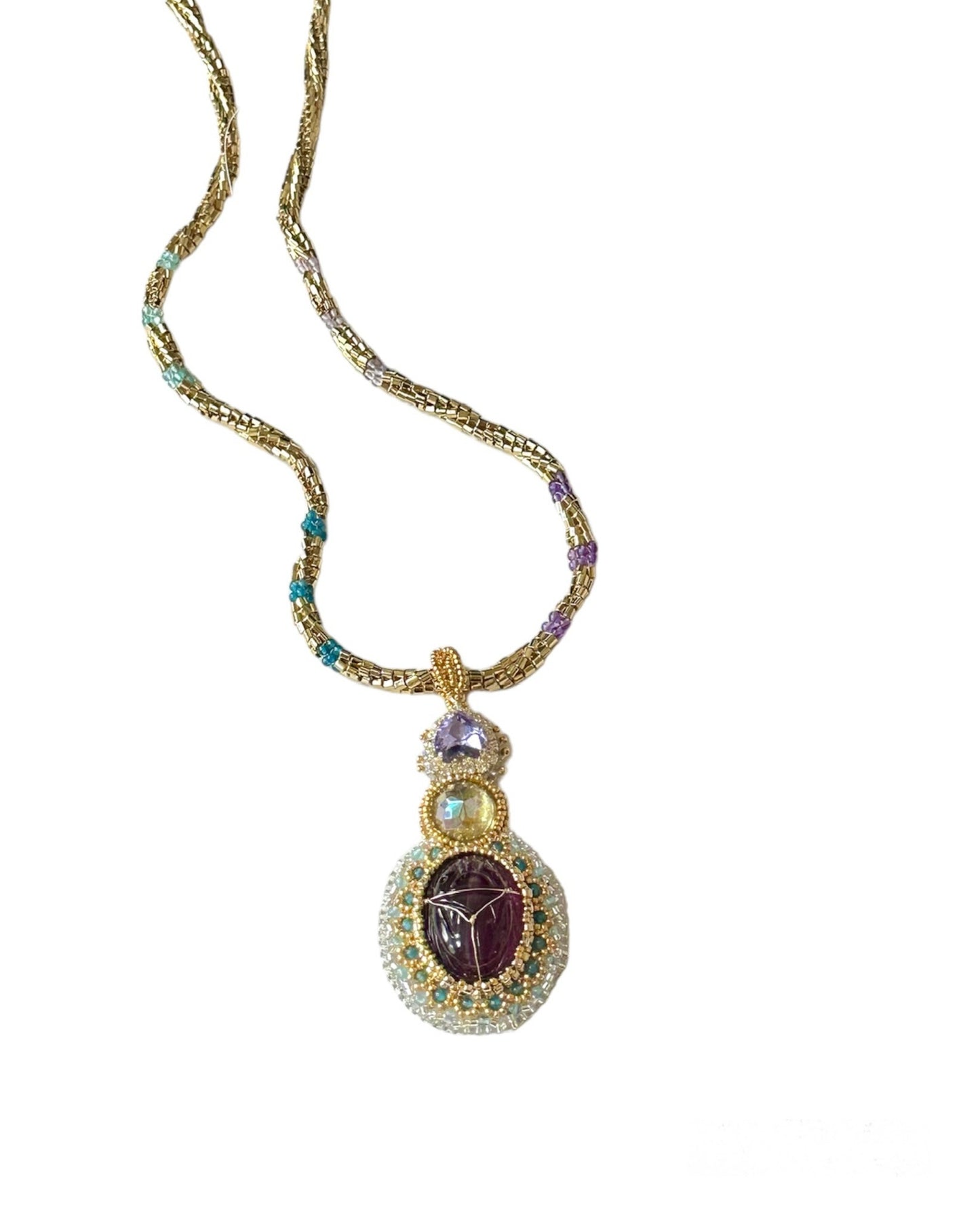 Purple Scarab Medallion 24k Gold Plated Seed Bead Chain Necklace for Women, Ancient Egypt Style with Apatite, Amethyst & Glass, Magnetic Clasp