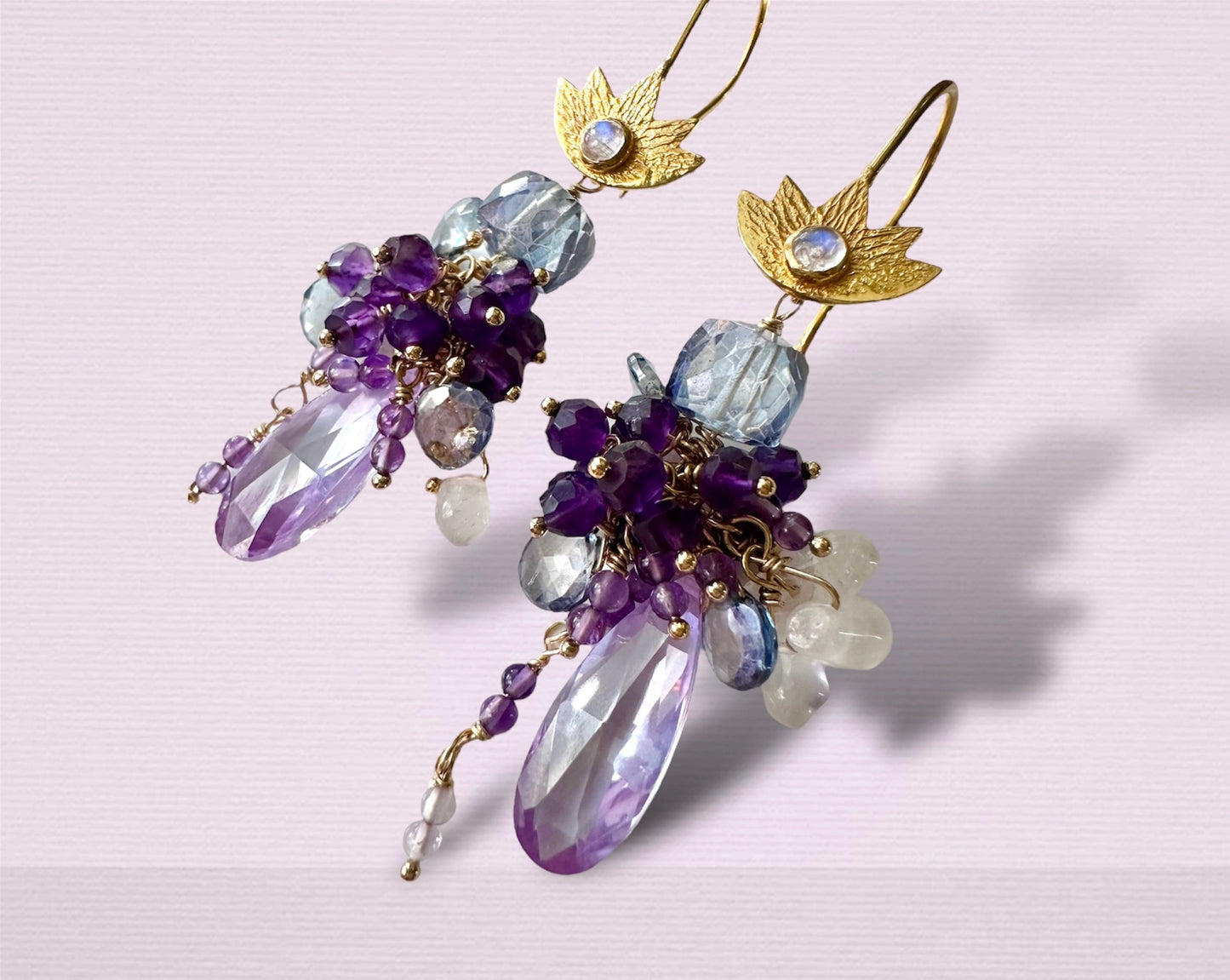 Lotus Romance Gemstone Cluster Earrings Wire Wrapped Gold Fill with Amethyst, Quartz, Topaz, Cubic Zirconia, Thoughtful Gifts for Women