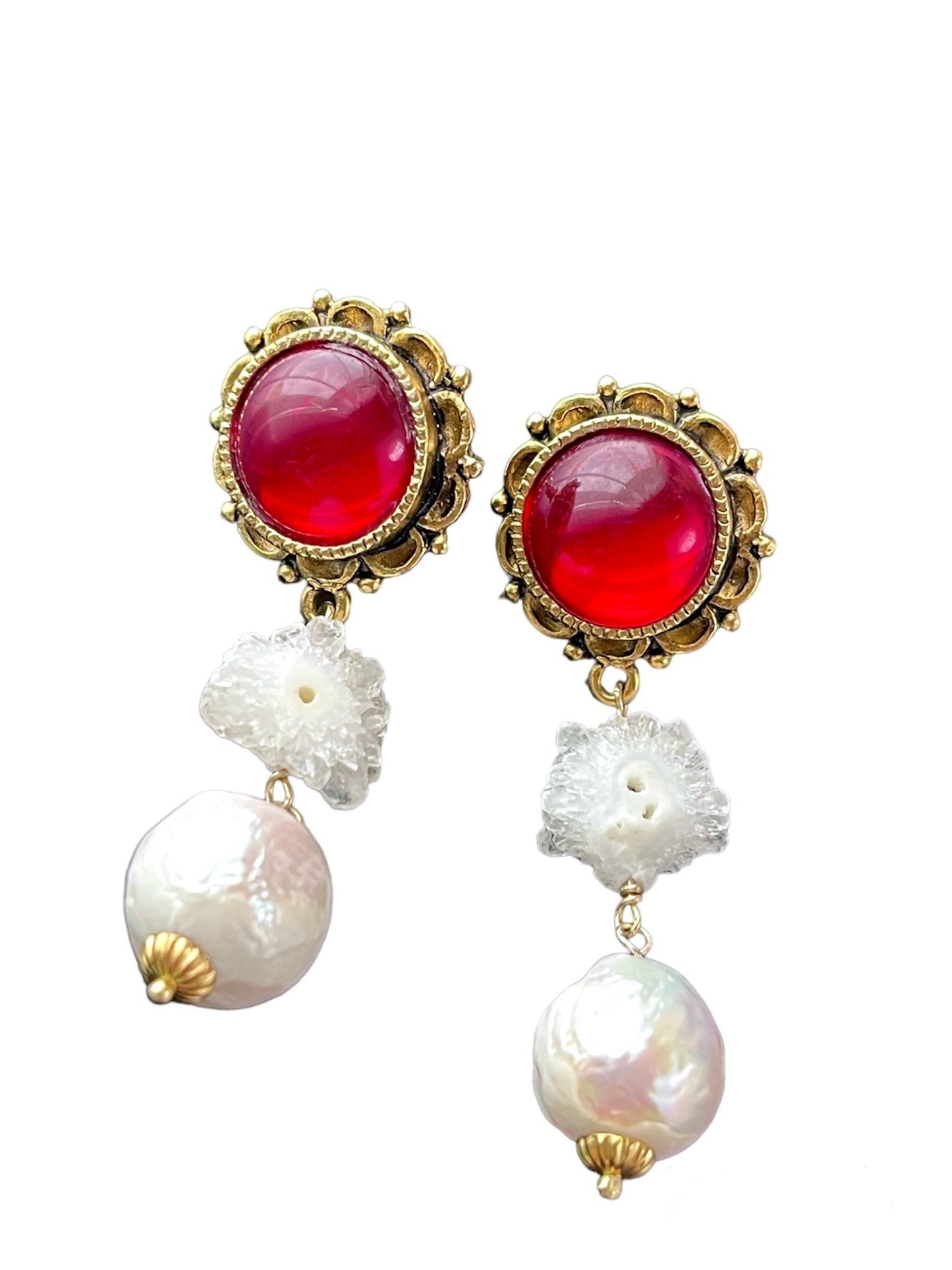 Snow Queen Red Glass & Baroque Pearl Drop Earrings with Stalactite; Historical Themed Jewelry Accessories