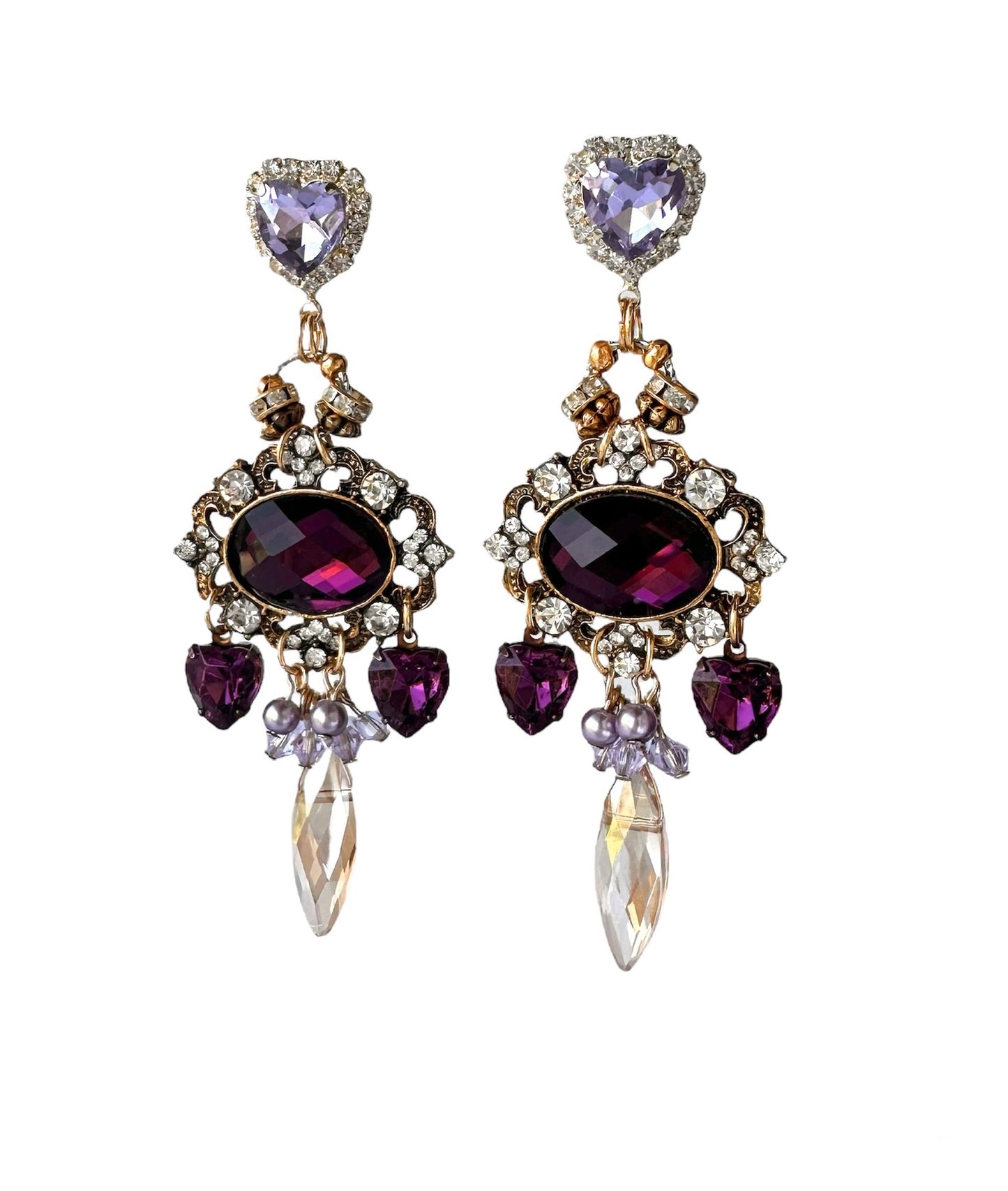 Victoria Earrings - Romantic Victorian Style Dangle Earrings Featuring Luxurious Purple and Lavender Rhinestones with Gold Accents