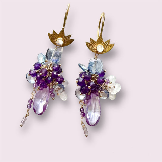 Lotus Romance Gemstone Cluster Earrings Wire Wrapped Gold Fill with Amethyst, Quartz, Topaz, Cubic Zirconia, Thoughtful Gifts for Women