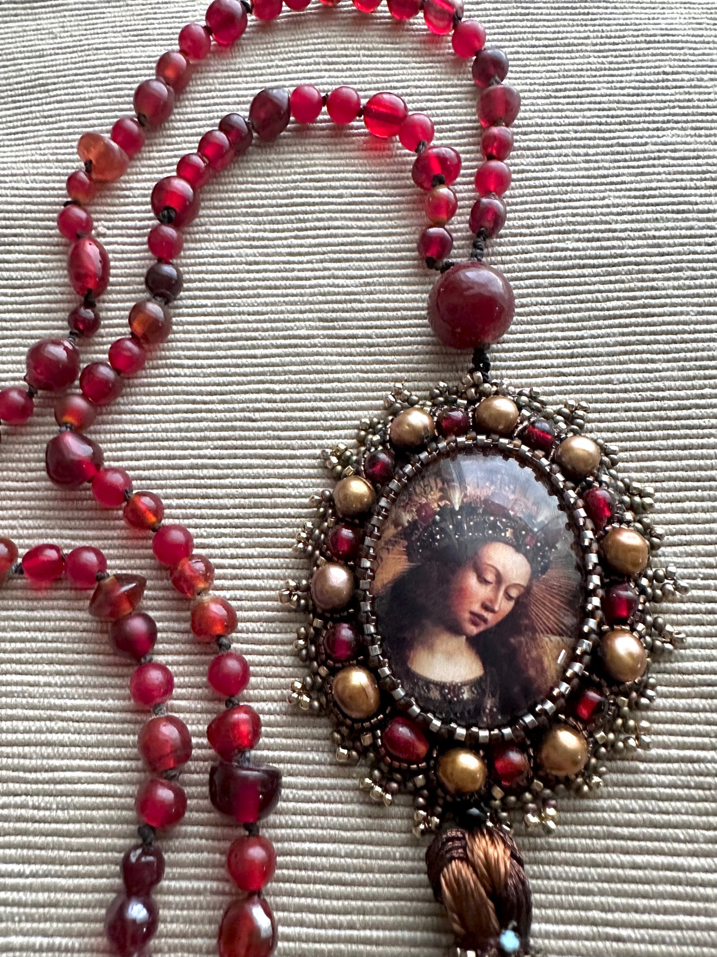 Virgin Mary Catholic Sacred Jewelry; Extra Long Silk Knotted Necklace with Pomegranate Red Glass Beads and Embroidered Medallion