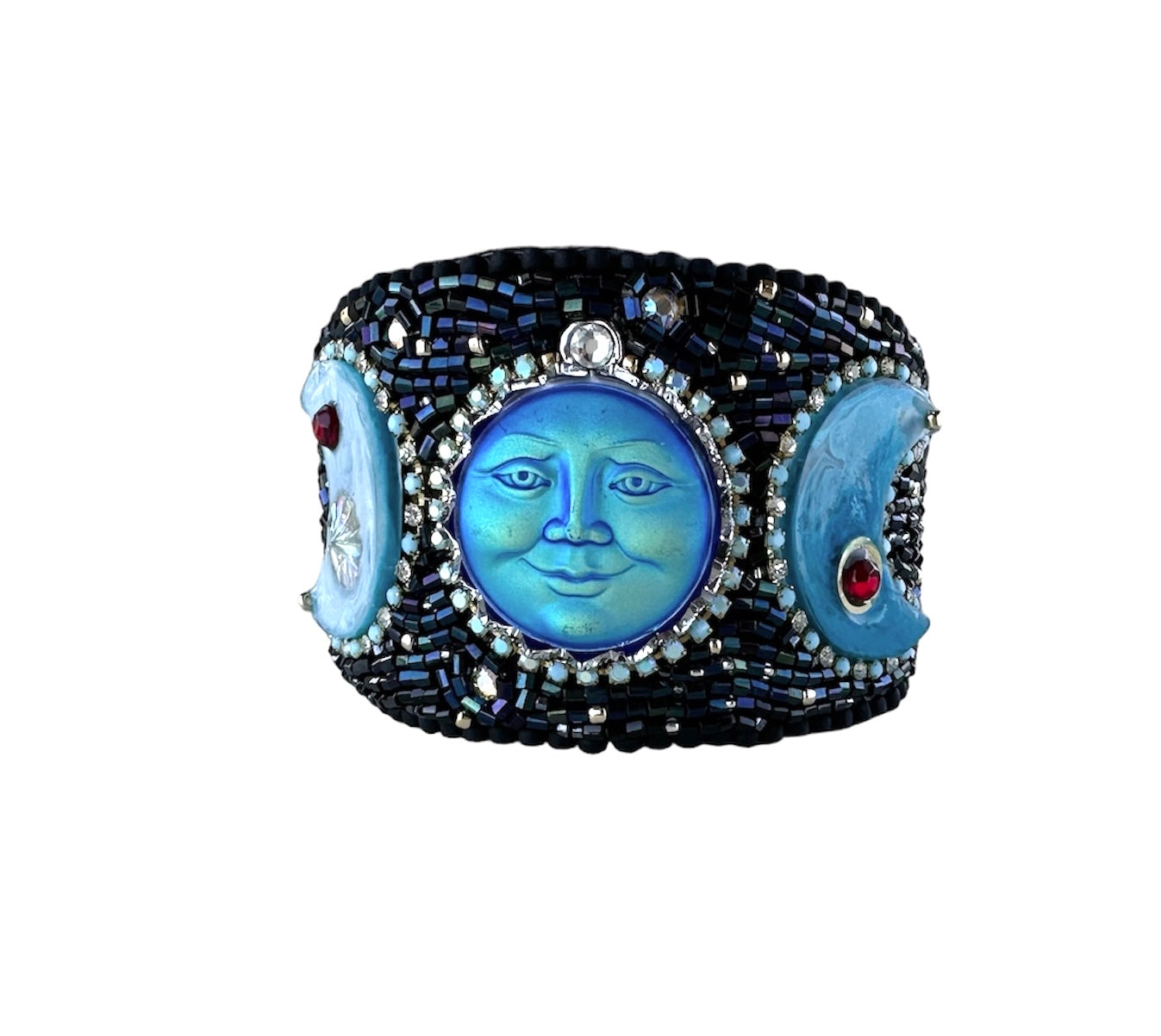 Lunar Phases Hand Bead Embroidered Adjustable Bracelet Cuff with Iridiscent Glass Face Stone, Celestial  Night Sky with Full Blue Moon