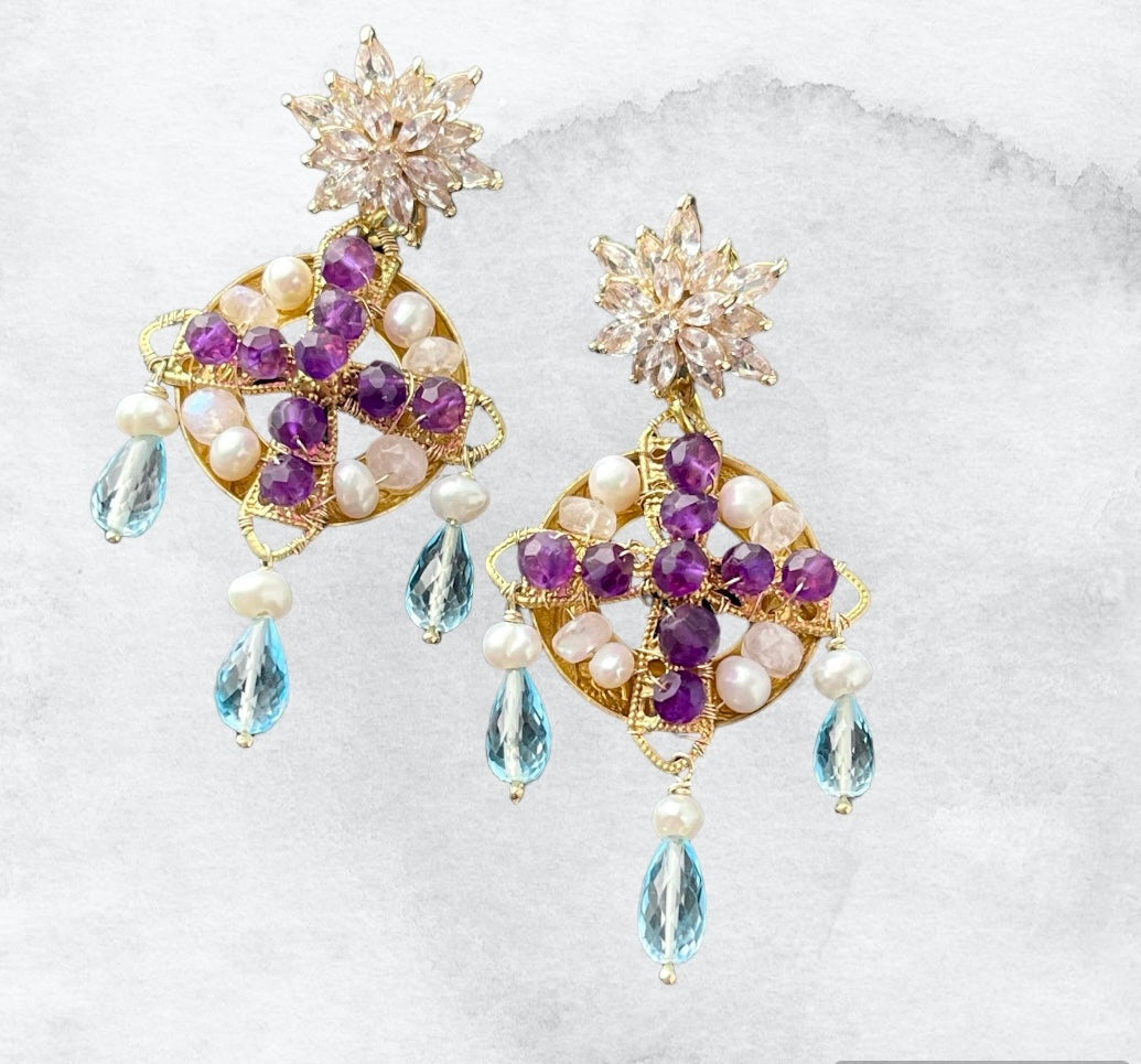 Celestial Alchemical Renaissance Style Gemstone Earrings, Byzantine Medieval Jewelry, Handcrafted with Amethyst Pearl and Blue Topaz