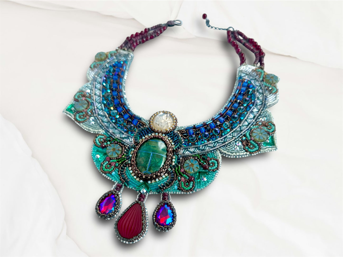 Gardens of Babylon Exquiste Art Embroidery Collar Necklace with Stylized Sacarab, Rubies, Glass & Gemstones; Special Statement Necklace Gift