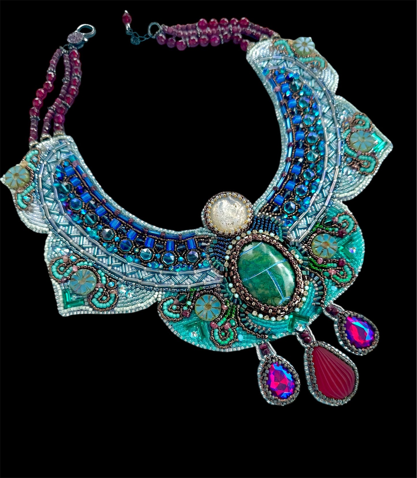 Gardens of Babylon Exquiste Art Embroidery Collar Necklace with Stylized Sacarab, Rubies, Glass & Gemstones; Special Statement Necklace Gift