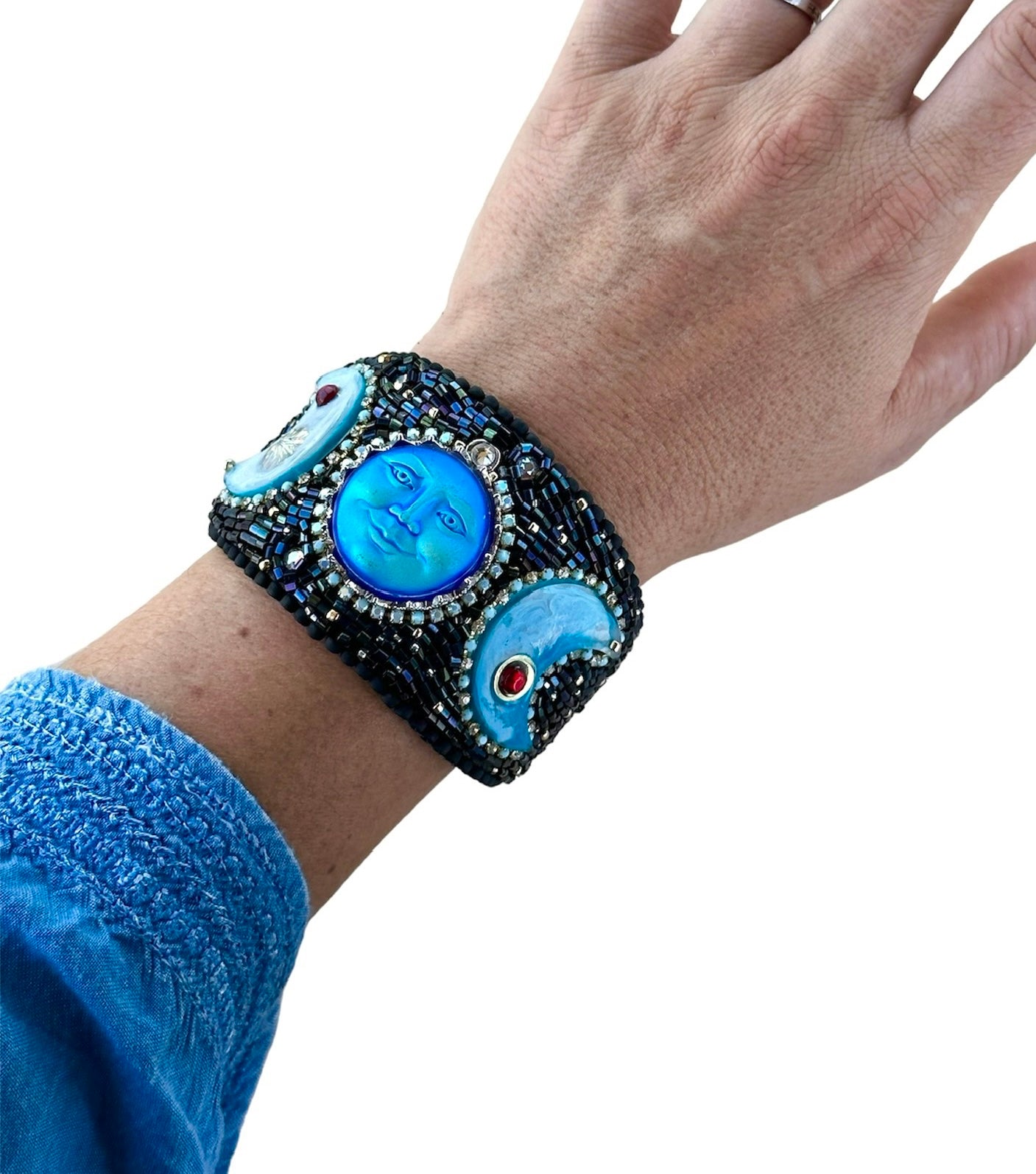 Lunar Phases Hand Bead Embroidered Adjustable Bracelet Cuff with Iridiscent Glass Face Stone, Celestial  Night Sky with Full Blue Moon