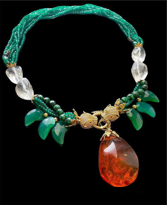 Luxury Necklace with Baltic Amber and Carved Green Onyx