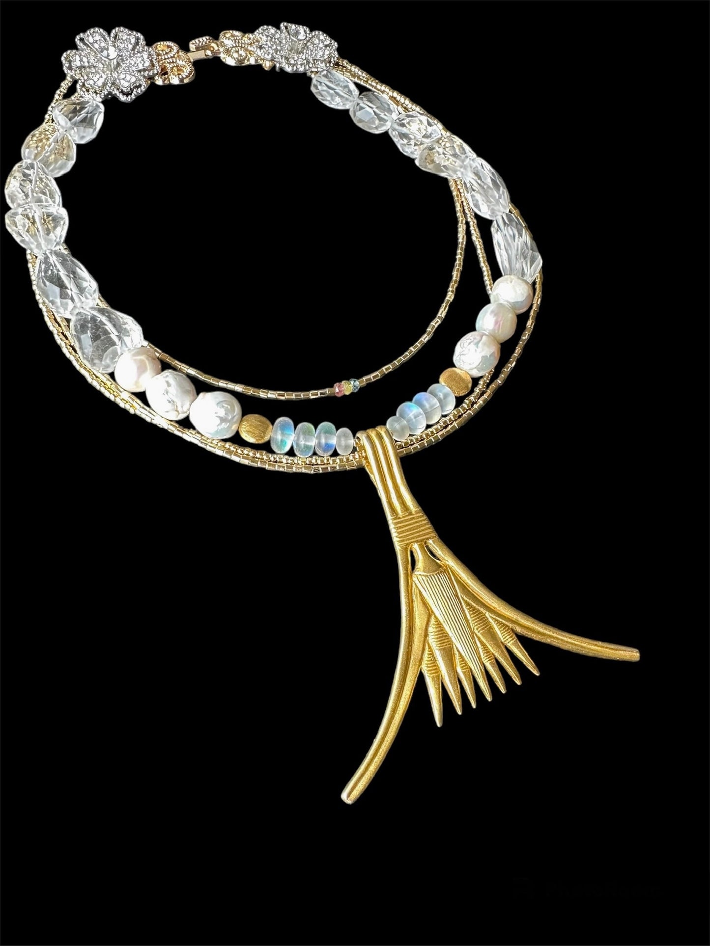 Tefnut Ancient Egyptian Jewel Treasures -  Multistrand Necklace with Large Lotus Flower Pendant, Gold Plated Beads, Rock Crystal, Tourmaline