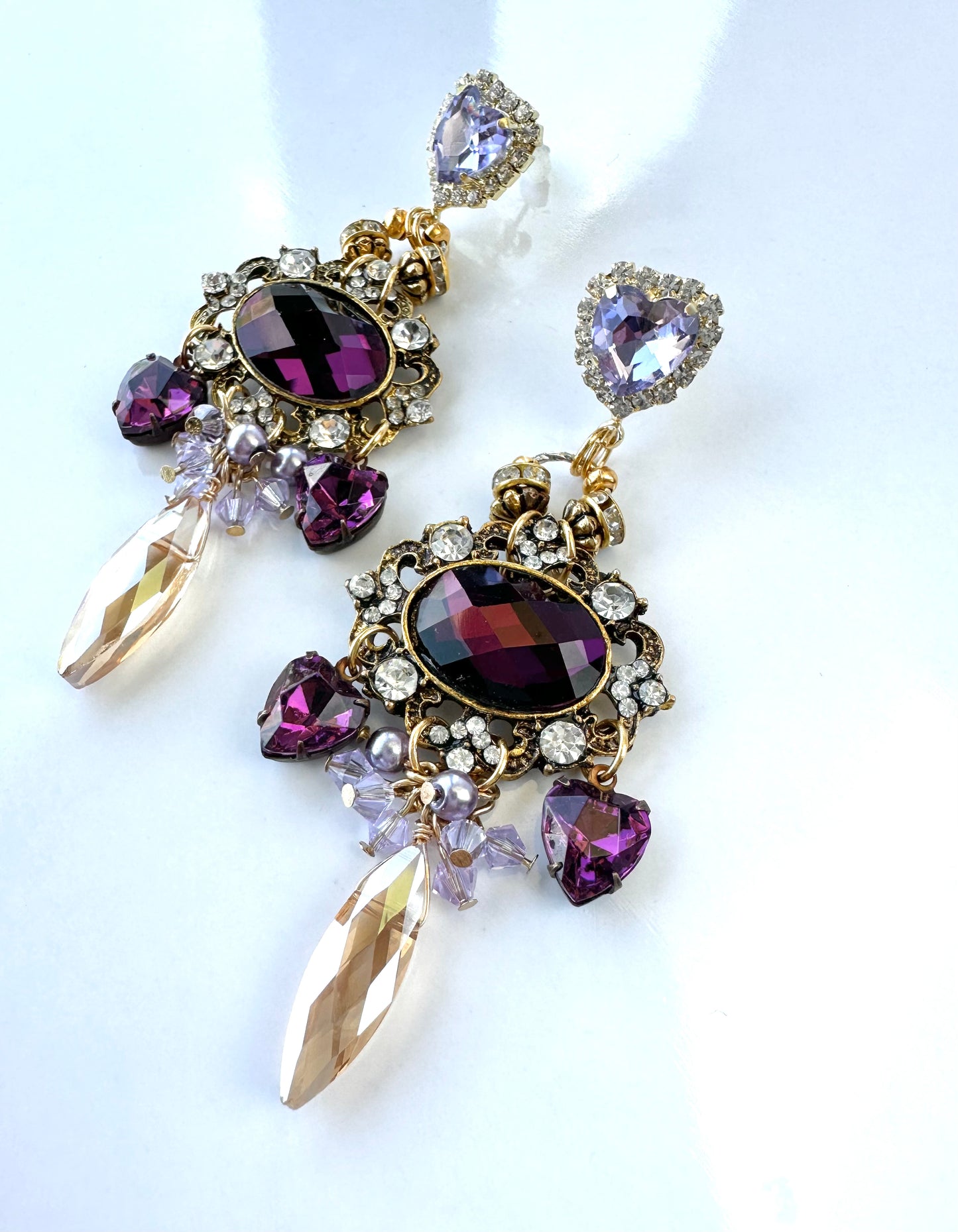 Victoria Earrings - Romantic Victorian Style Dangle Earrings Featuring Luxurious Purple and Lavender Rhinestones with Gold Accents