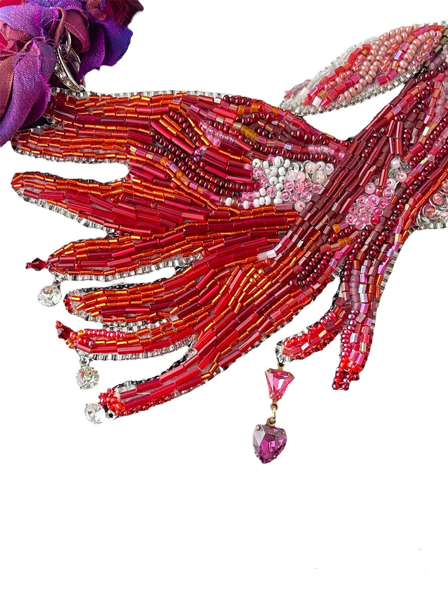 Magical Catch Red Betta Fish Sparkly Necklace, Bead Embroidery Wearable Art with Glass, Pearls, and Crystal Beads on Silk Magenta Braid Rope