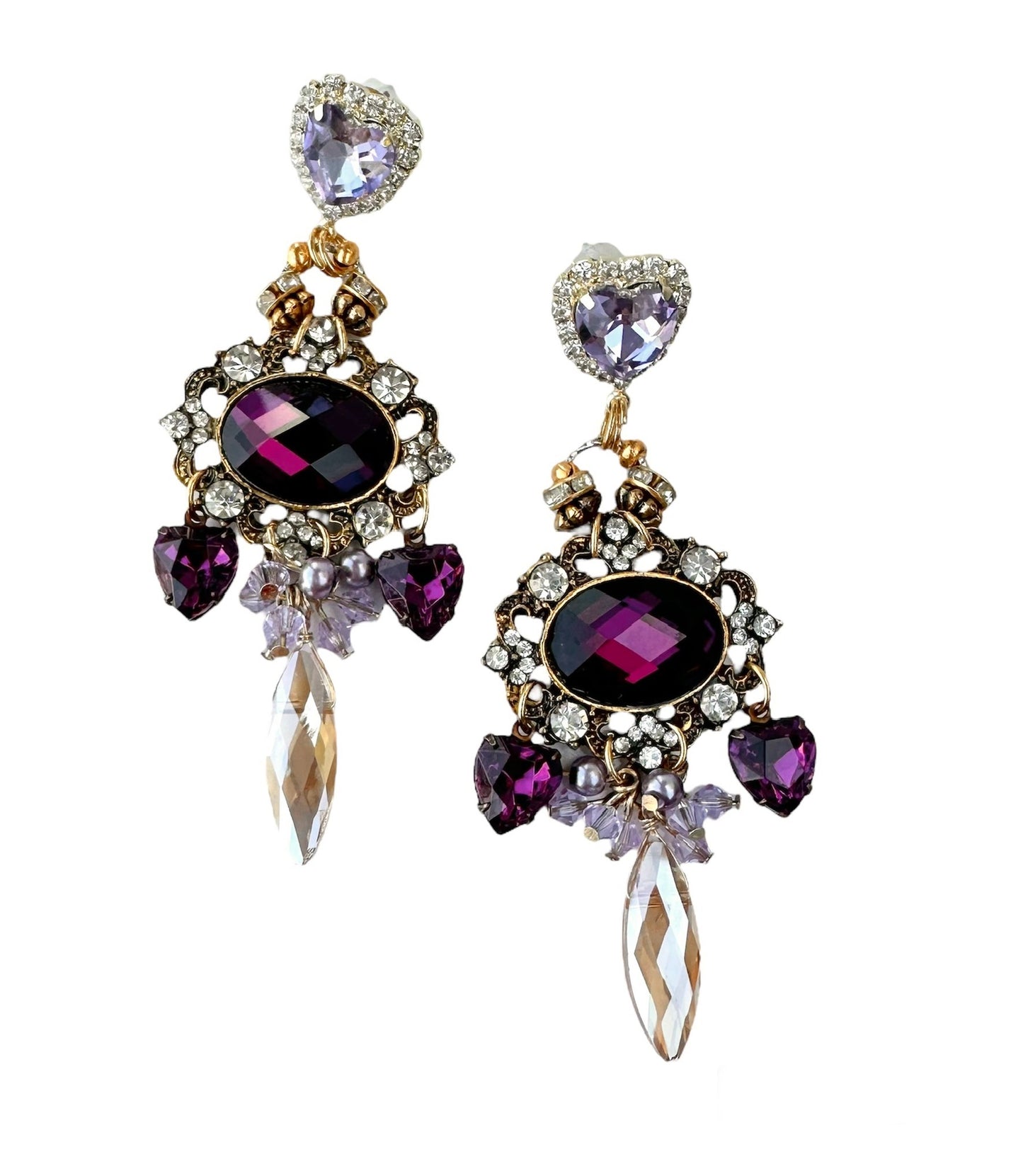 Victoria Earrings - Romantic Victorian Style Dangle Earrings Featuring Luxurious Purple and Lavender Rhinestones with Gold Accents