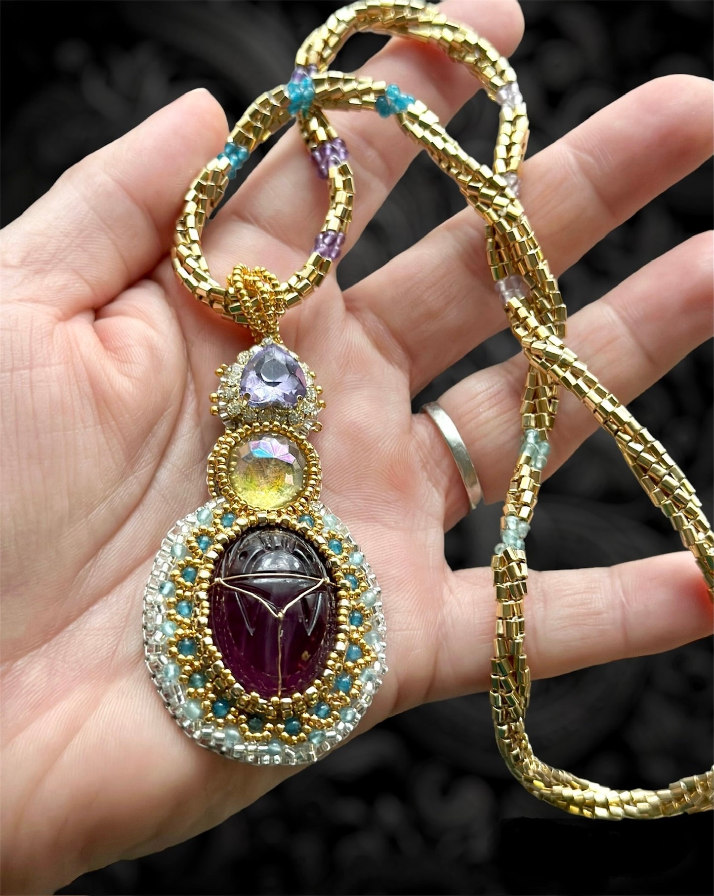 Purple Scarab Medallion 24k Gold Plated Seed Bead Chain Necklace for Women, Ancient Egypt Style with Apatite, Amethyst & Glass, Magnetic Clasp