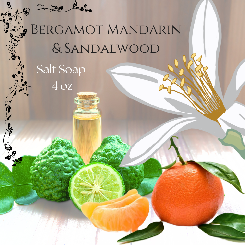 Bergamot Juicy Mandarin & Sandalwood Scented Sea Salt Shower Bar with Coconut Oil and Shea Butter 4 OZ;  Aromatic Citrusy Perfumed Soap Hers