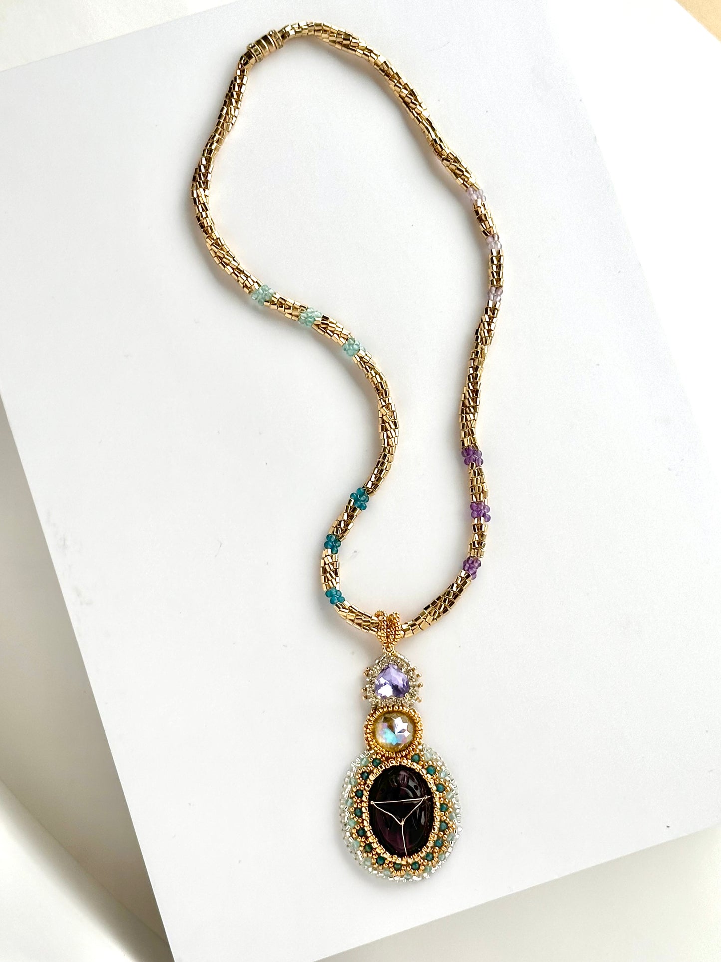 Purple Scarab Medallion 24k Gold Plated Seed Bead Chain Necklace for Women, Ancient Egypt Style with Apatite, Amethyst & Glass, Magnetic Clasp