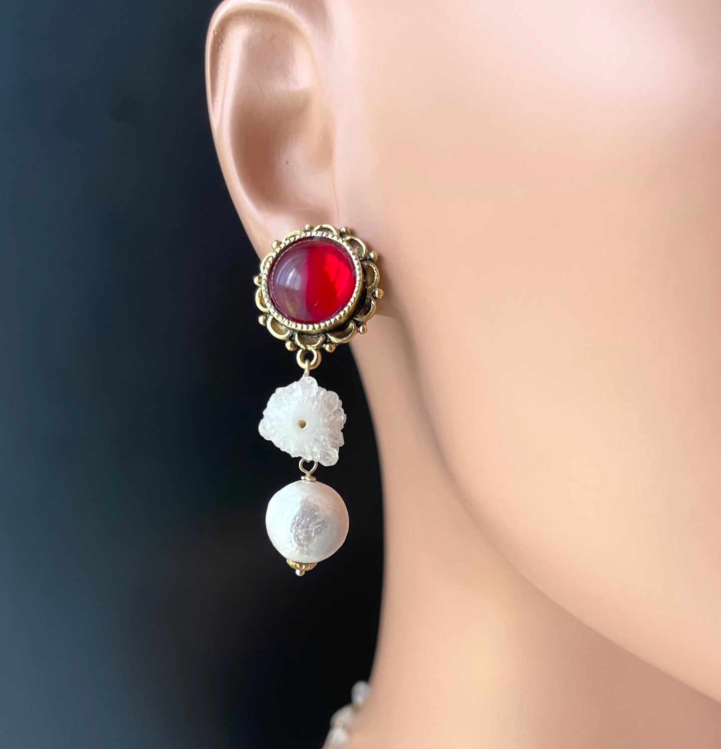 Snow Queen Red Glass & Baroque Pearl Drop Earrings with Stalactite; Historical Themed Jewelry Accessories