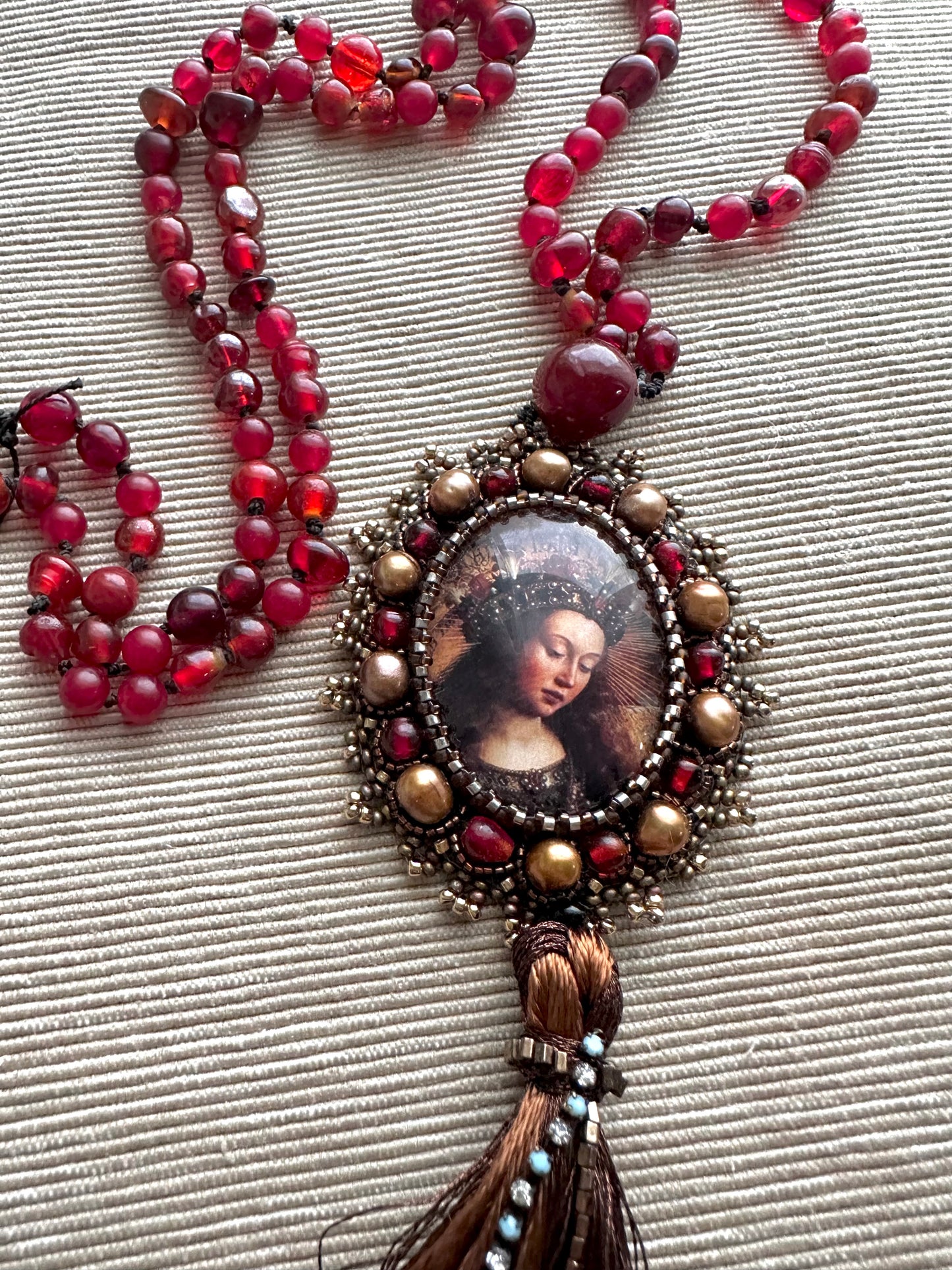 Virgin Mary Catholic Sacred Jewelry; Extra Long Silk Knotted Necklace with Pomegranate Red Glass Beads and Embroidered Medallion