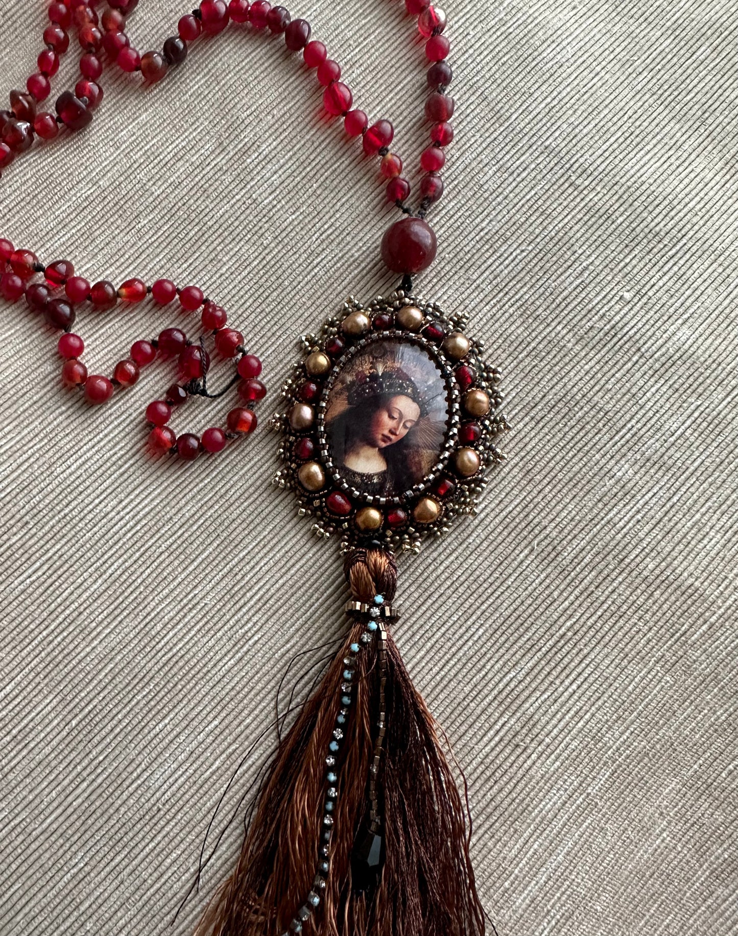 Virgin Mary Catholic Sacred Jewelry; Extra Long Silk Knotted Necklace with Pomegranate Red Glass Beads and Embroidered Medallion