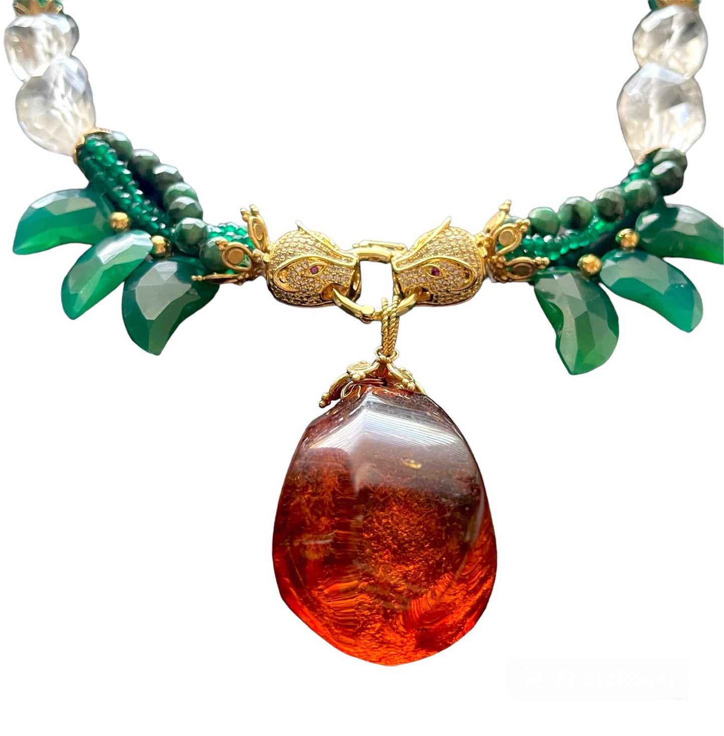 Luxury Necklace with Baltic Amber and Carved Green Onyx