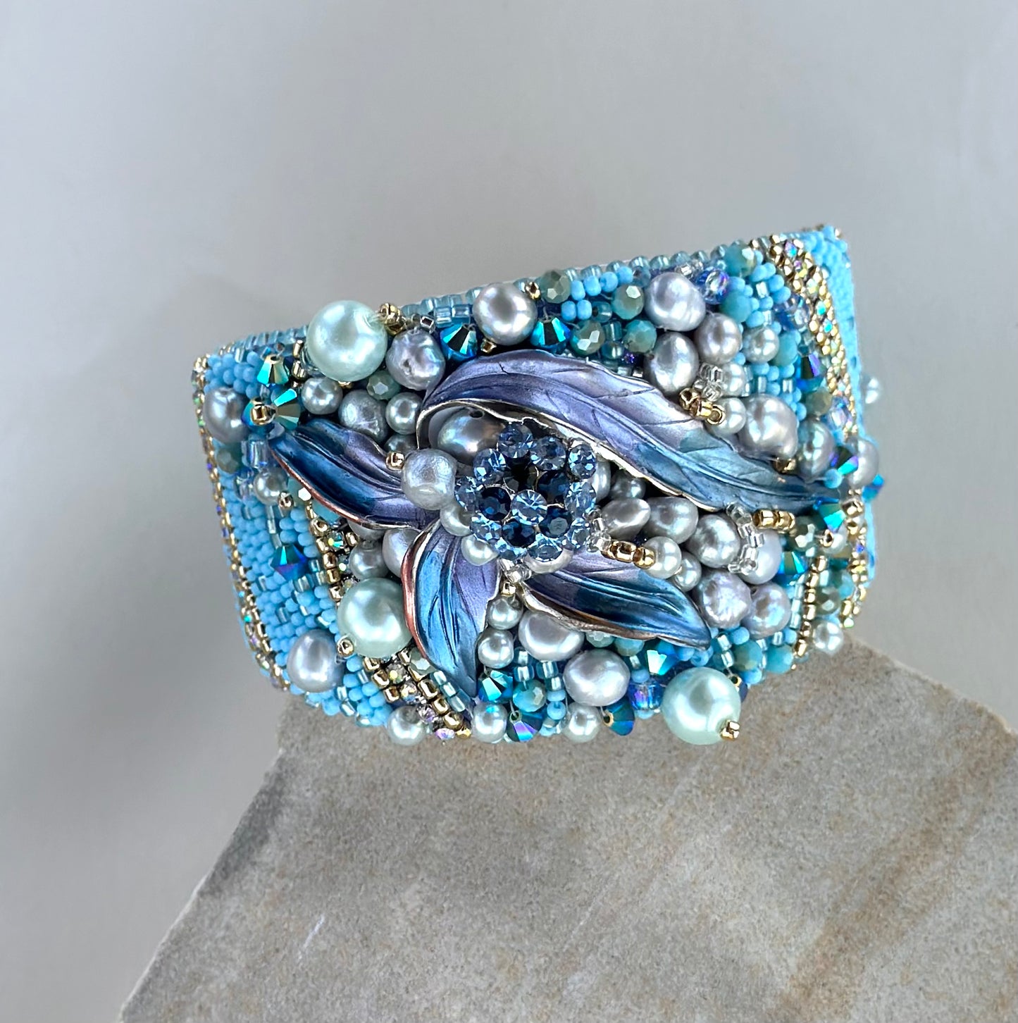 From Mermaid’s Garden Adjustable Bead Embroidered Bangle Jewelry, Beaded Pearl Sea Wave Underwater Art Bracelet