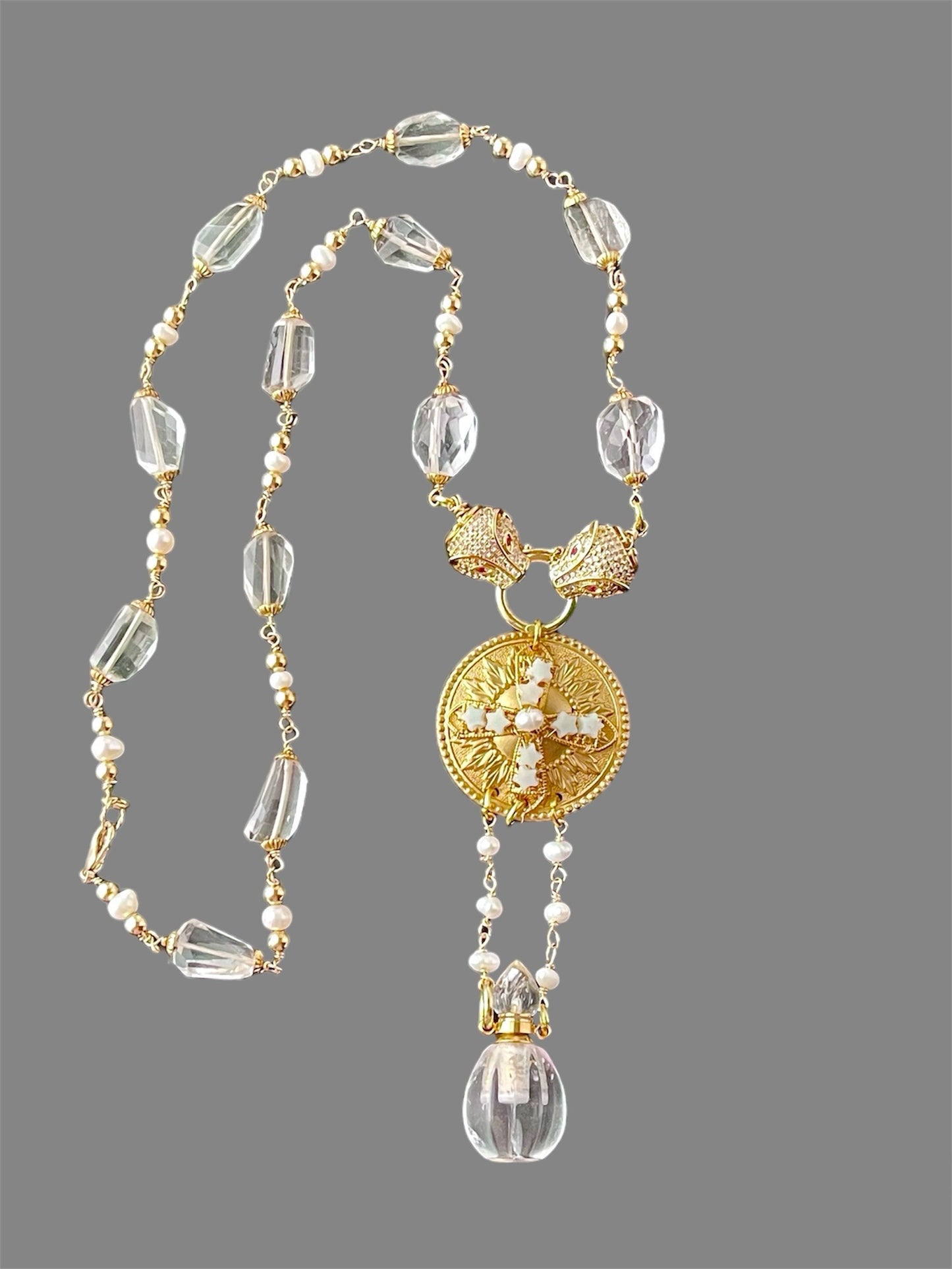 Renaissance Alchemy Celestial Necklace Wire Wrapped with Pale Green Amethyst and Wuartz Crystal, 14k Gold Filled Wire, Freshwater Pearls