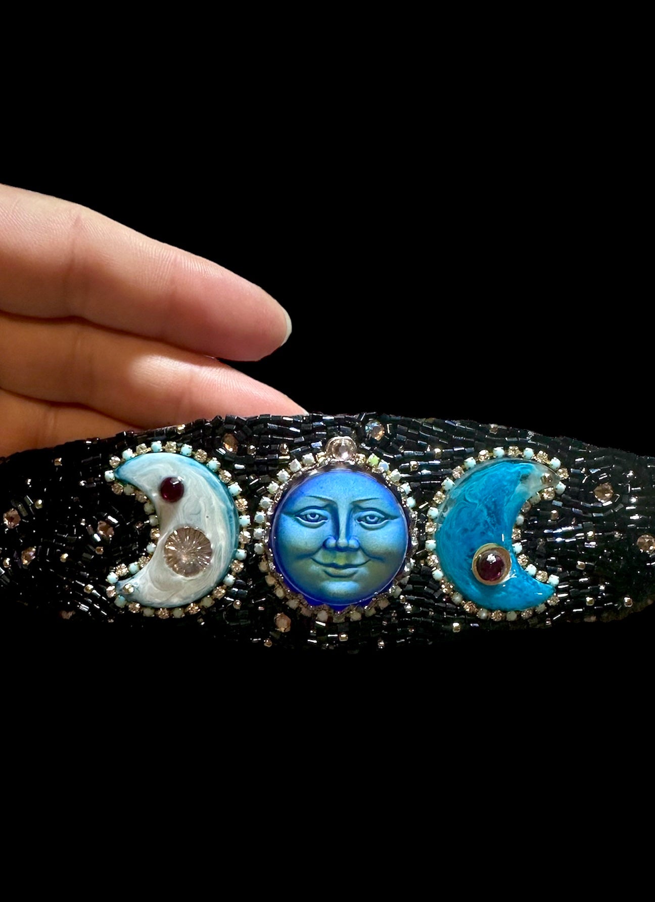 Lunar Phases Hand Bead Embroidered Adjustable Bracelet Cuff with Iridiscent Glass Face Stone, Celestial  Night Sky with Full Blue Moon