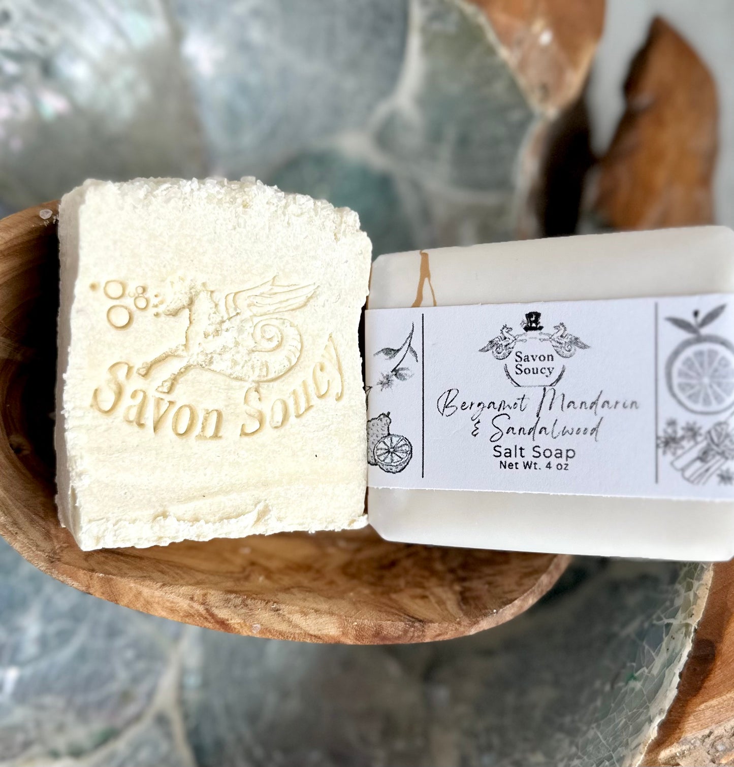 Bergamot Juicy Mandarin & Sandalwood Scented Sea Salt Shower Bar with Coconut Oil and Shea Butter 4 OZ;  Aromatic Citrusy Perfumed Soap Hers