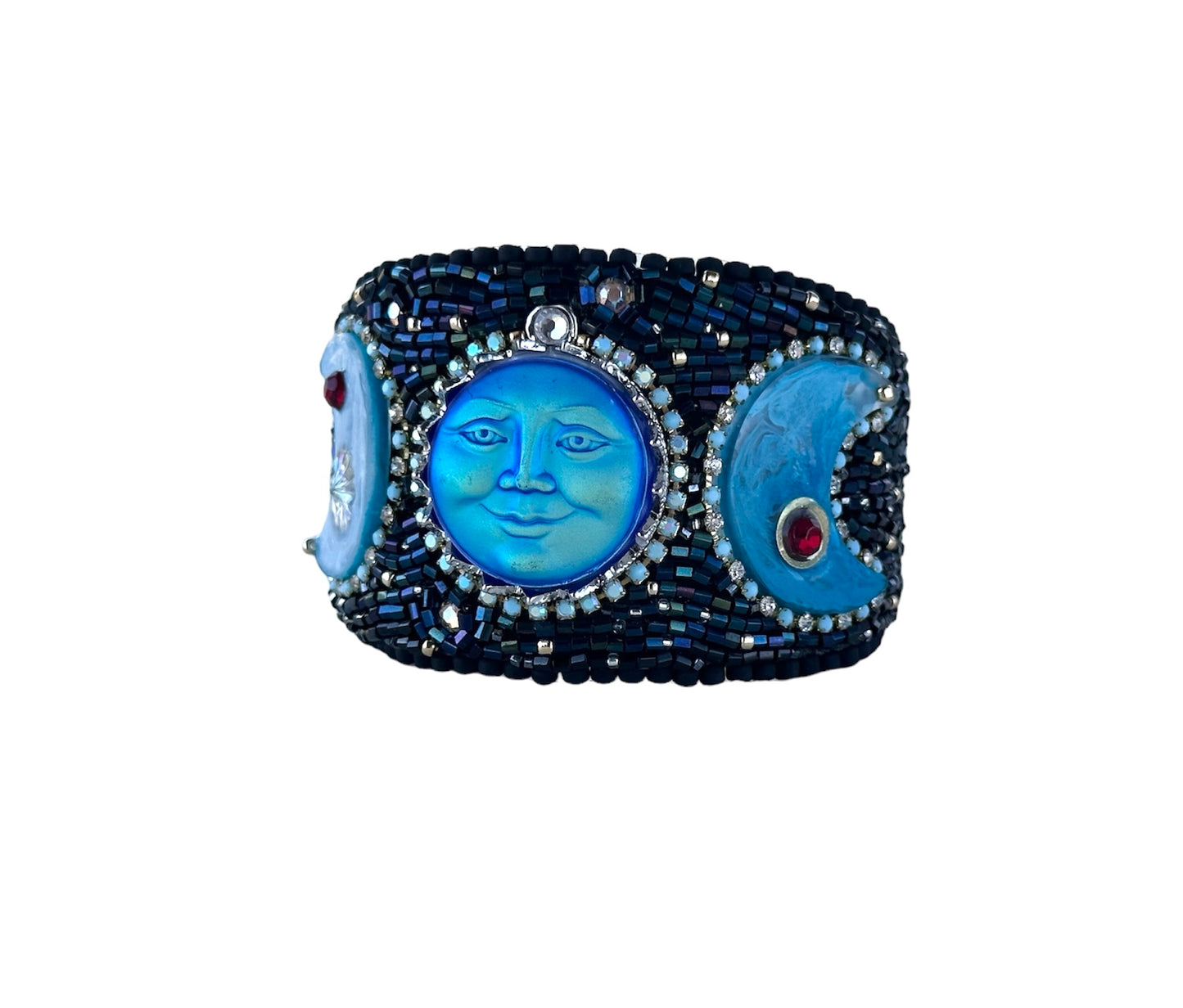 Lunar Phases Hand Bead Embroidered Adjustable Bracelet Cuff with Iridiscent Glass Face Stone, Celestial  Night Sky with Full Blue Moon