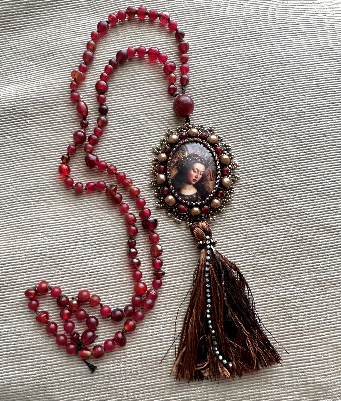 Virgin Mary Catholic Sacred Jewelry; Extra Long Silk Knotted Necklace with Pomegranate Red Glass Beads and Embroidered Medallion