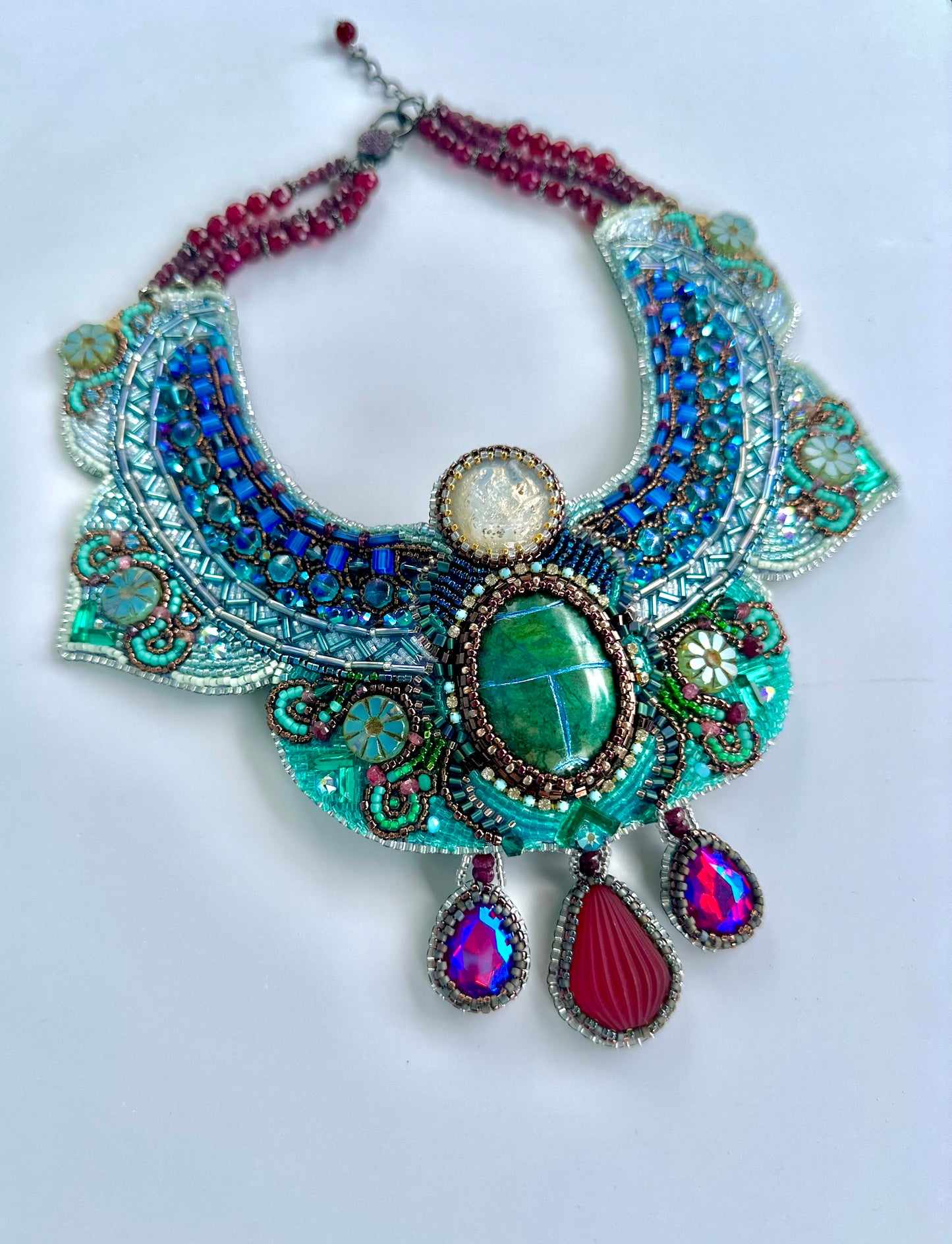 Gardens of Babylon Exquiste Art Embroidery Collar Necklace with Stylized Sacarab, Rubies, Glass & Gemstones; Special Statement Necklace Gift