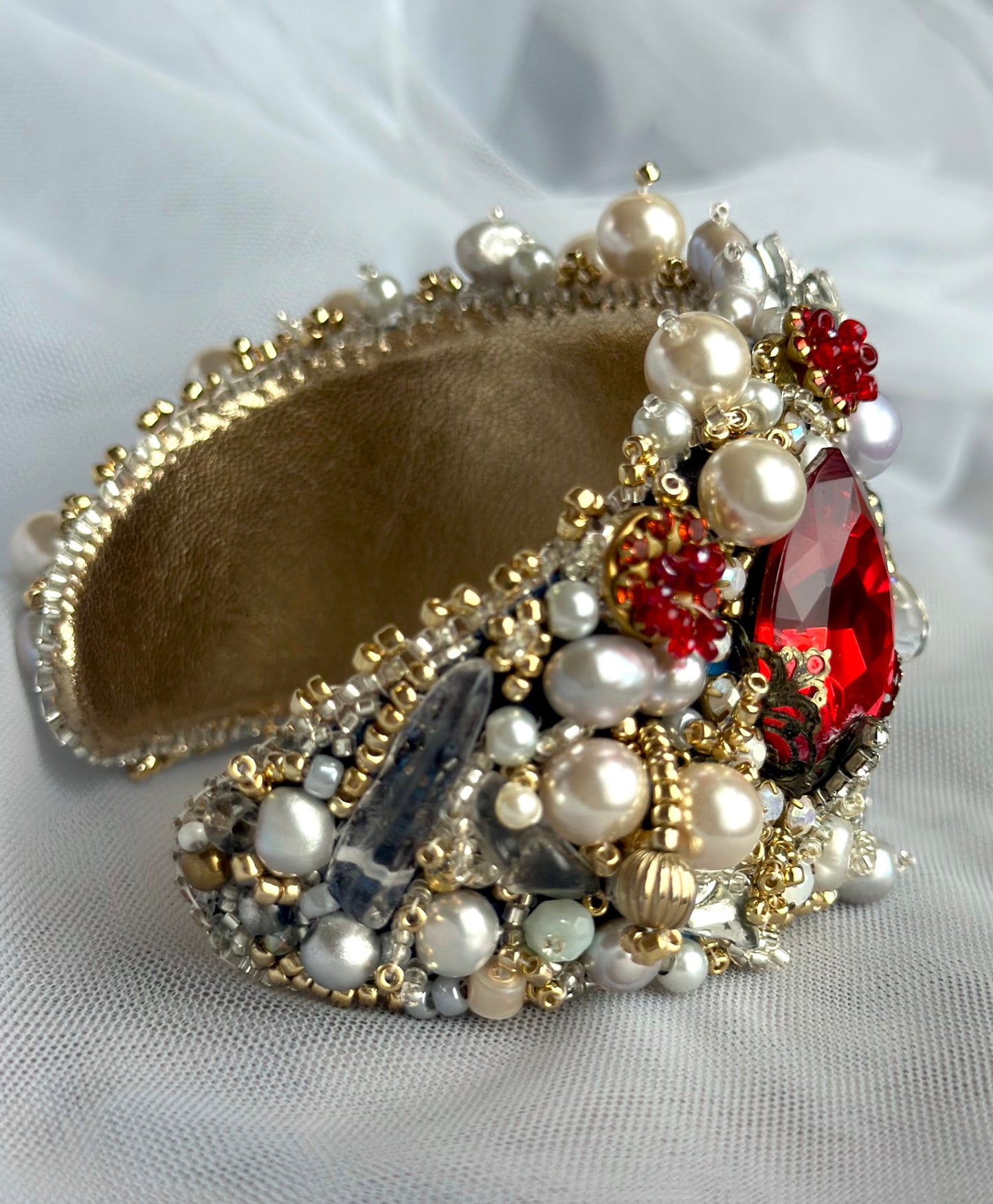 Baroque Chic Pearl & Red Rhinestone Embroidered Adjustable Bangle; Bohemian Vamp Opulent Beaded Bracelet in Gold, Silver and Ruby Colors