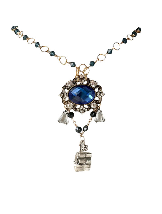 Georgiana Necklace - Rococo Flair Blue Rhinestone and Ship Pendant Necklace with Austrian Crystal Beads and Plated Chain