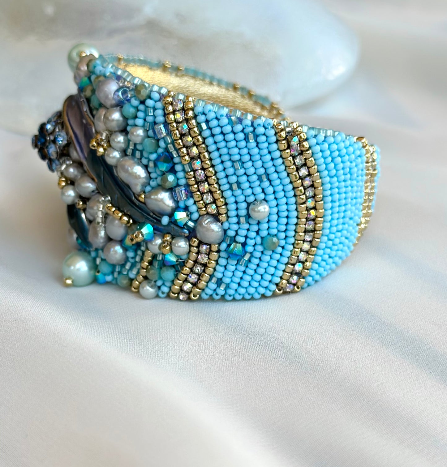 From Mermaid’s Garden Adjustable Bead Embroidered Bangle Jewelry, Beaded Pearl Sea Wave Underwater Art Bracelet