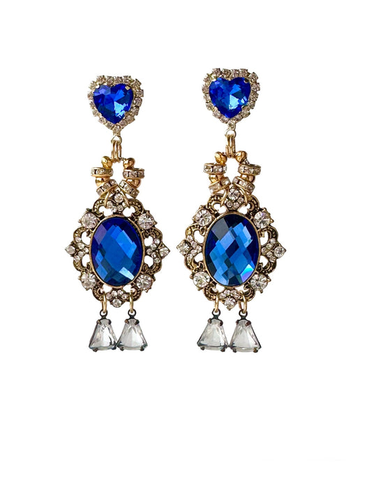 Georgiana Earrings Rococo Chic: Royal Blue Heart Rhinestone Dangle Earrings with Gold Tone Vintage Components, Ornate Historical Flair Jewelry