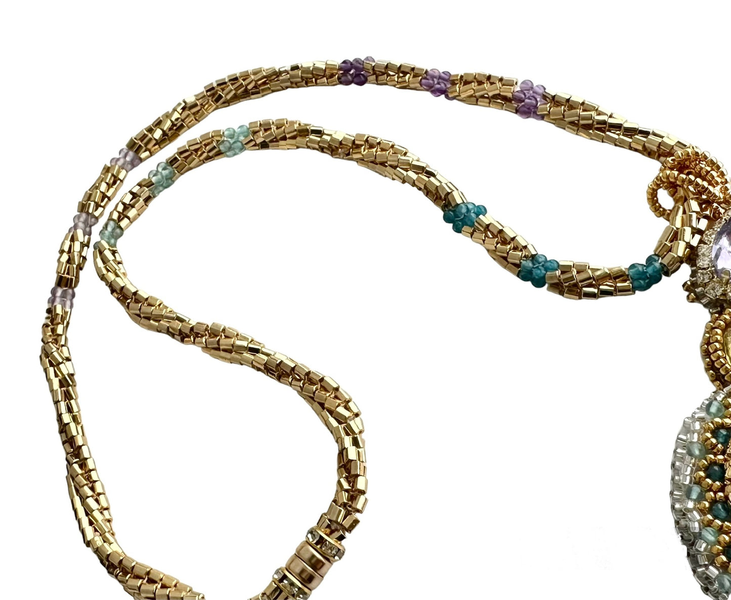 Purple Scarab Medallion 24k Gold Plated Seed Bead Chain Necklace for Women, Ancient Egypt Style with Apatite, Amethyst & Glass, Magnetic Clasp