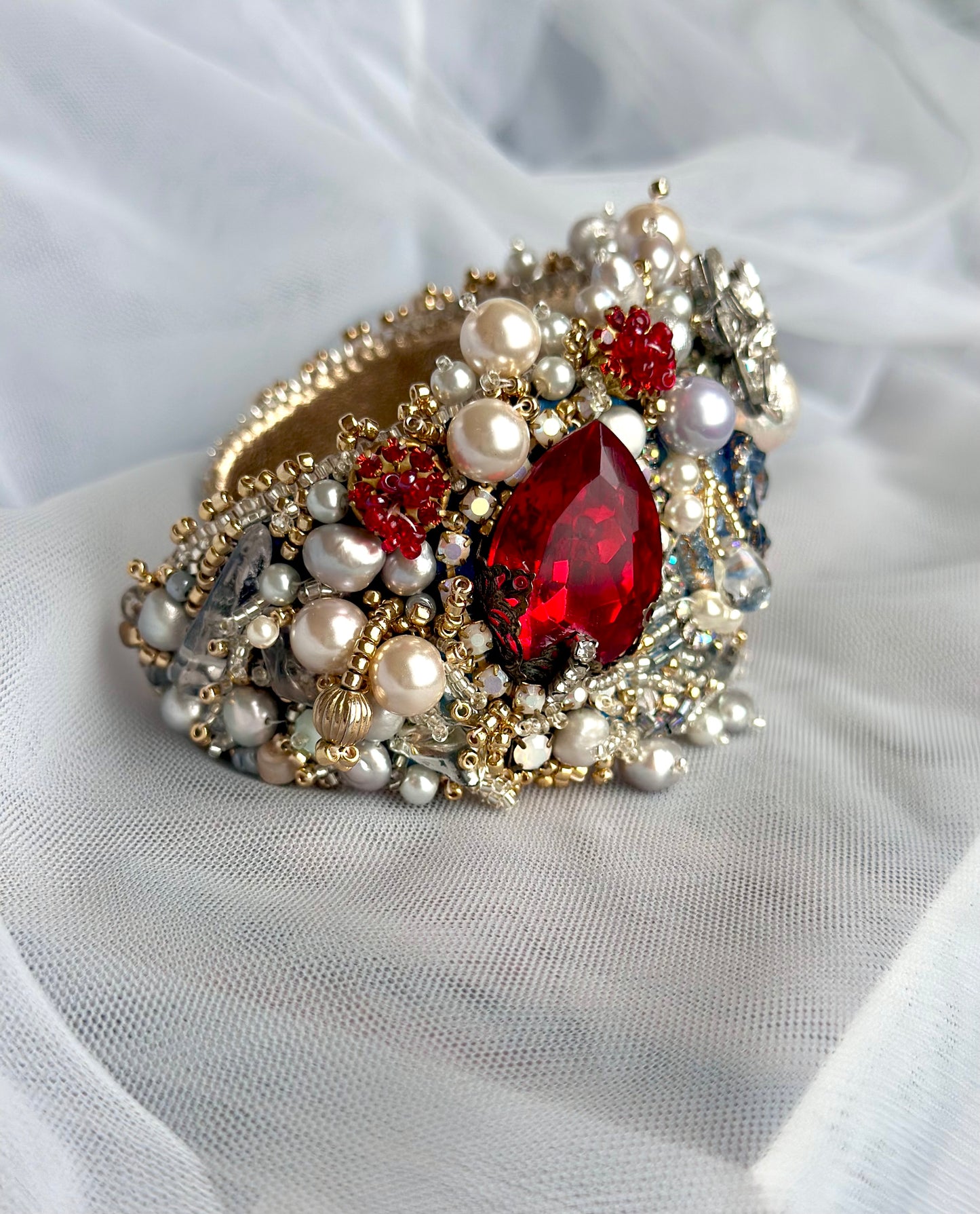 Baroque Chic Pearl & Red Rhinestone Embroidered Adjustable Bangle; Bohemian Vamp Opulent Beaded Bracelet in Gold, Silver and Ruby Colors