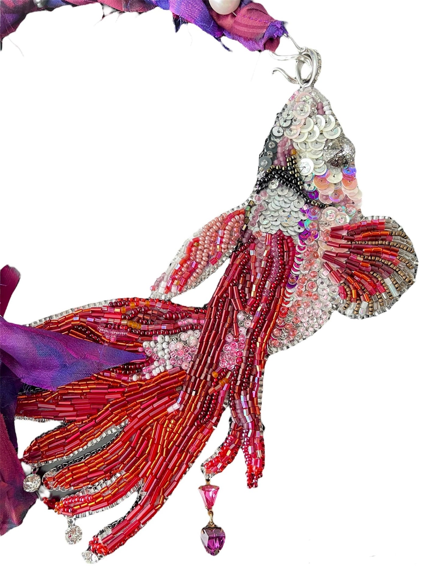 Magical Catch Red Betta Fish Sparkly Necklace, Bead Embroidery Wearable Art with Glass, Pearls, and Crystal Beads on Silk Magenta Braid Rope