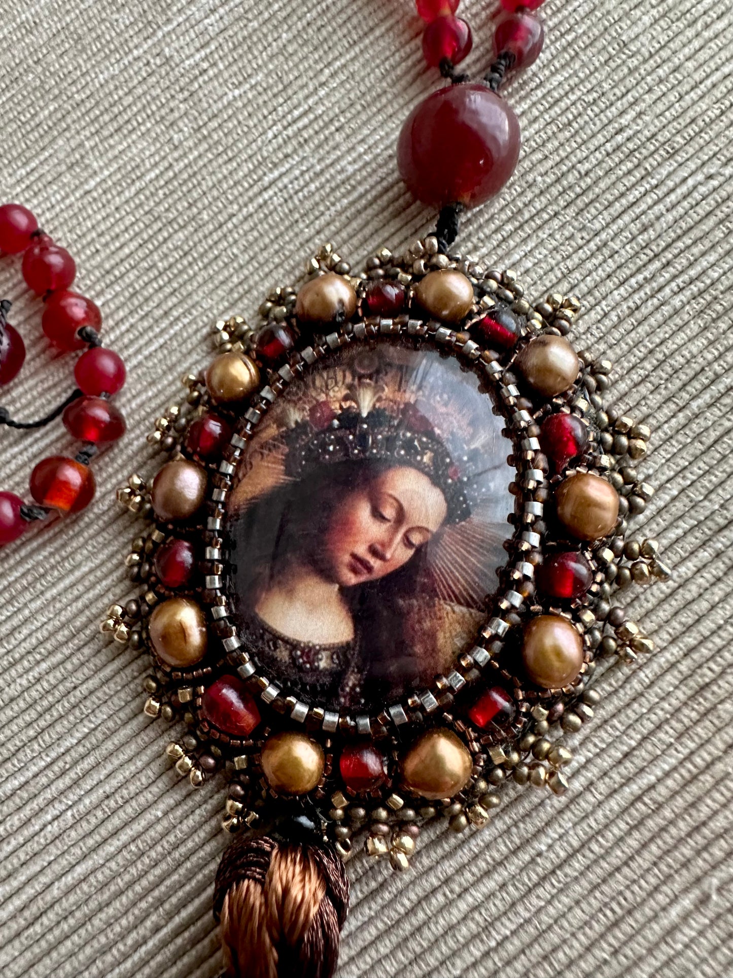 Virgin Mary Catholic Sacred Jewelry; Extra Long Silk Knotted Necklace with Pomegranate Red Glass Beads and Embroidered Medallion